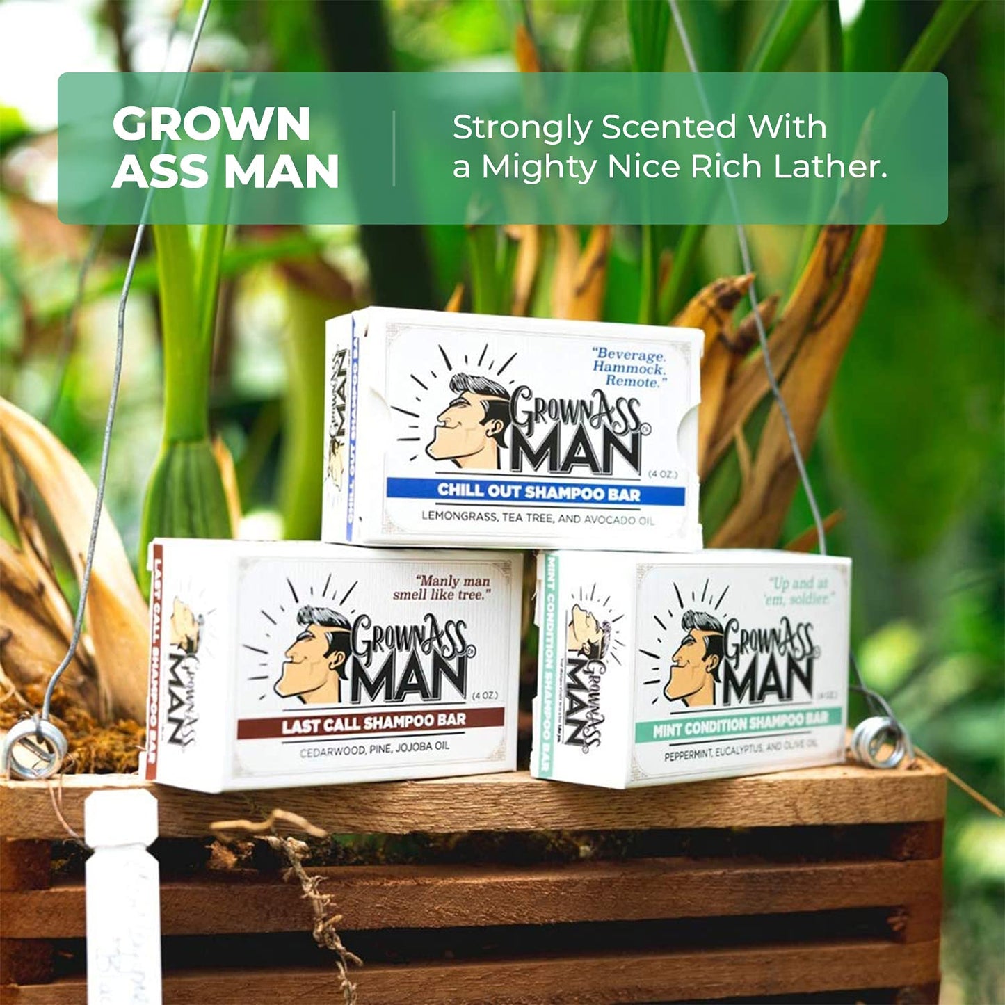 Grown Ass Man Co. - Solid Shampoo Bar Rich Lather 3 in 1: Hair, Beard & Body Wash - Plastic Free & Eco-Friendly, Natural & Organic Clean for All Hair Types, 4oz Bar (Variety, 6-Pack)