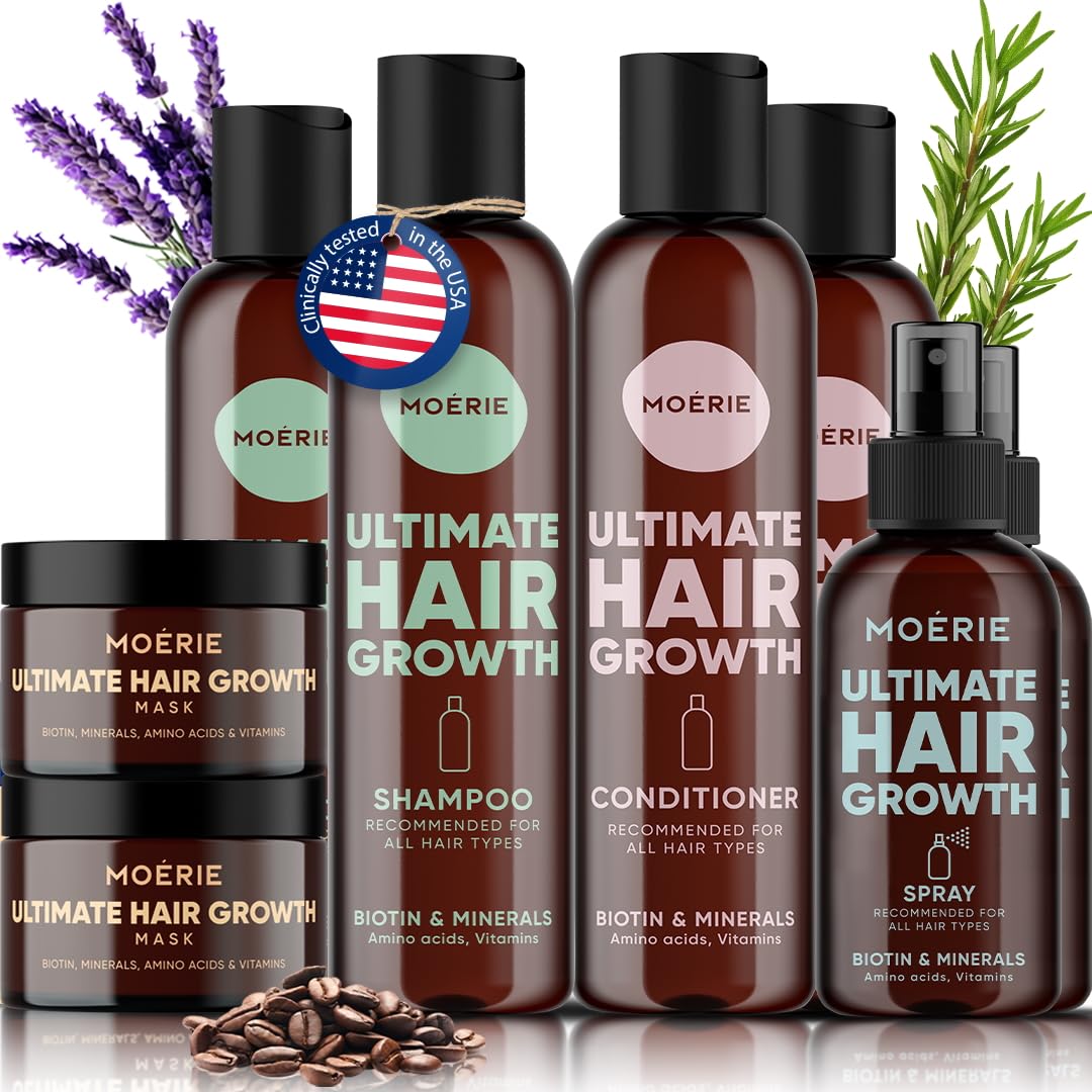 Moerie Shampoo and Conditioner Plus Hair Mask and Hair Spray Mega Pack – The Ultimate Hair Care Set – For Longer, Thicker, Fuller Hair - Volumizing Hair Products – Paraben & Silicone Free - 8 items