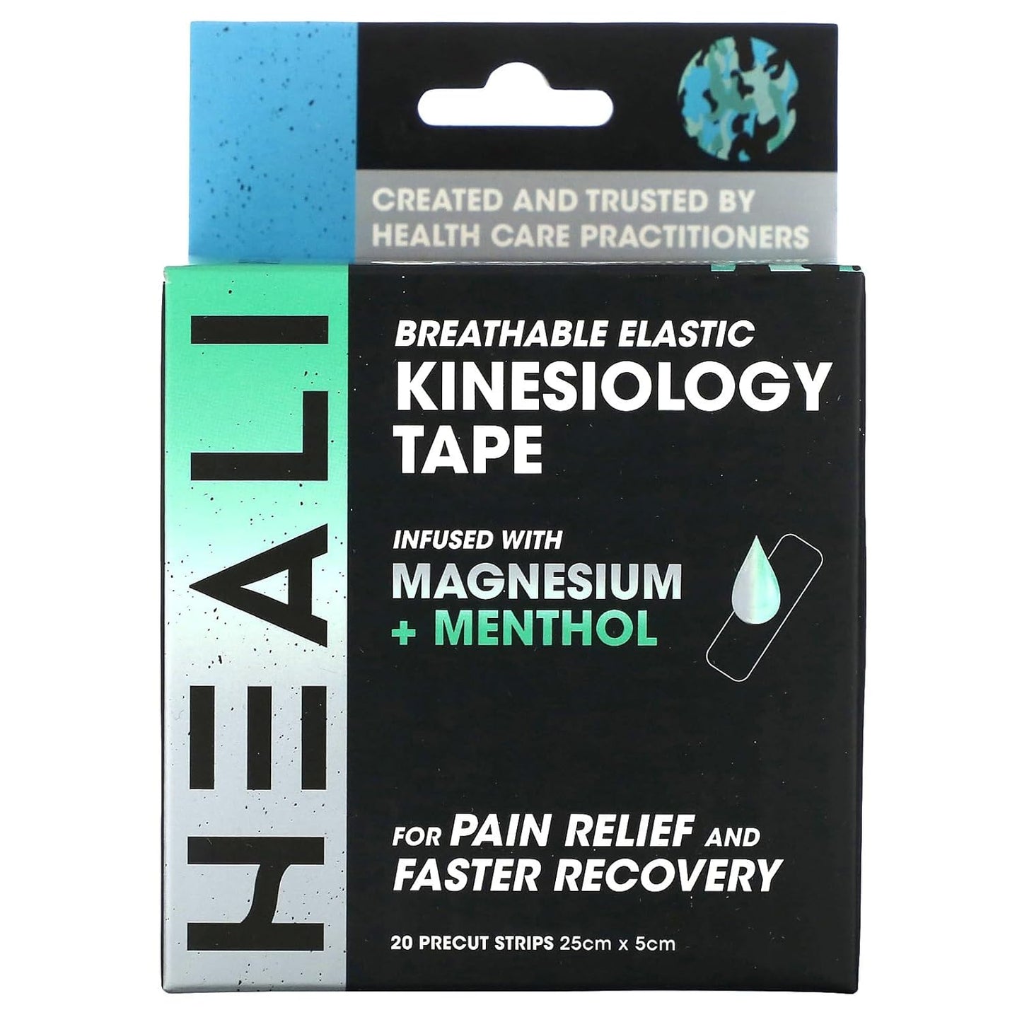 Heali Kinesiology Tape with Magnesium and Menthol, 20 Pcs Precut Strips, K Tape Roll, Knees, for Physical Therapy, Sports, Muscles and Joints, Water Resistant, White with Blue Camo