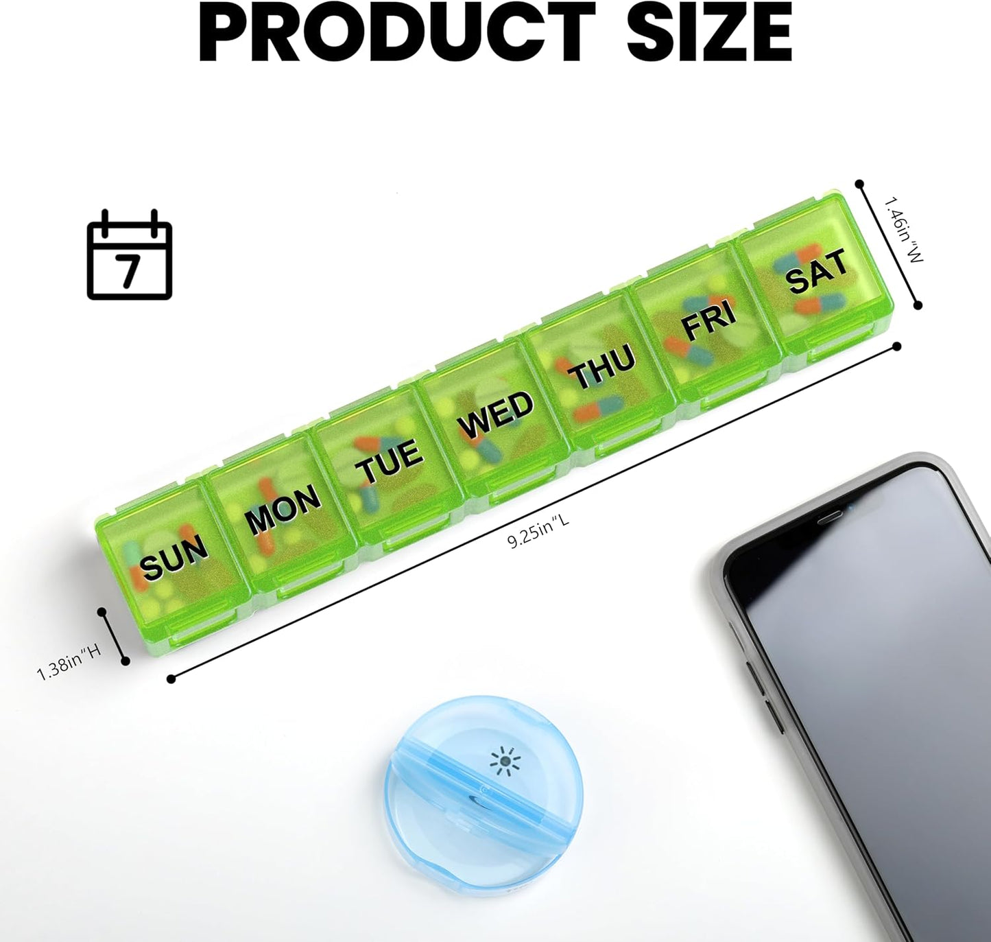 Sukuos Extra Large 7 Day Pill Organizer Easy to Open, Weekly Pill Box Daily Medicine Case with Clear Lid, Silkscreen Printed Vitamin Holder for Fish Oils or Supplements (Green)