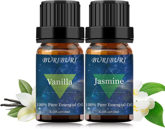 BURIBURI Vanilla Oil and Jasmine Essential Oil, 100% Pure, Undiluted, Natural, Organic Aromatherapy Vanilla Essential Oils Gift Set, 10MLx2