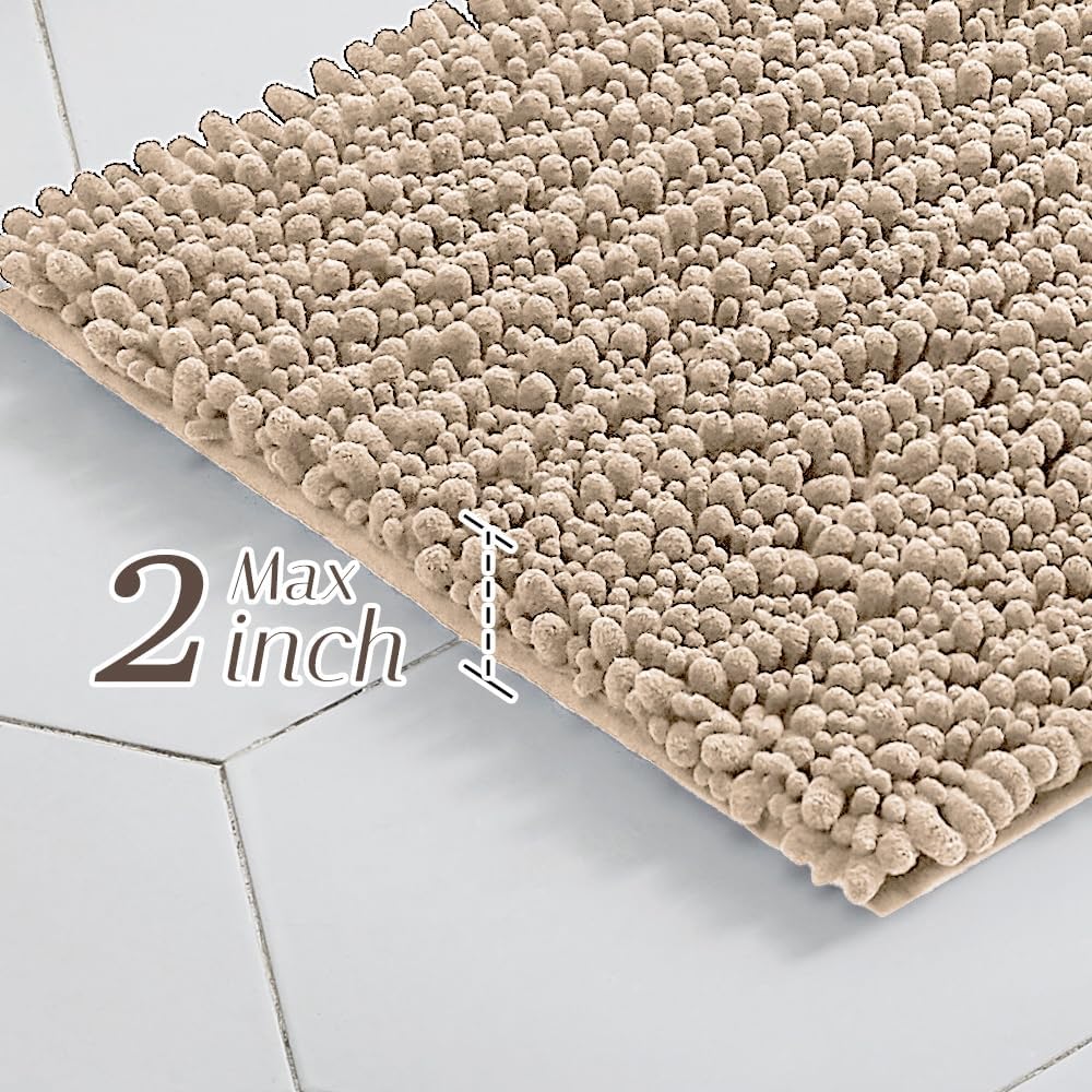 Walensee Bathroom Rug Non Slip Bath Mat (44x24 Inch Beige) Water Absorbent Super Soft Shaggy Chenille Machine Washable Dry Extra Thick Perfect Absorbant Best Large Plush Carpet for Shower Floor