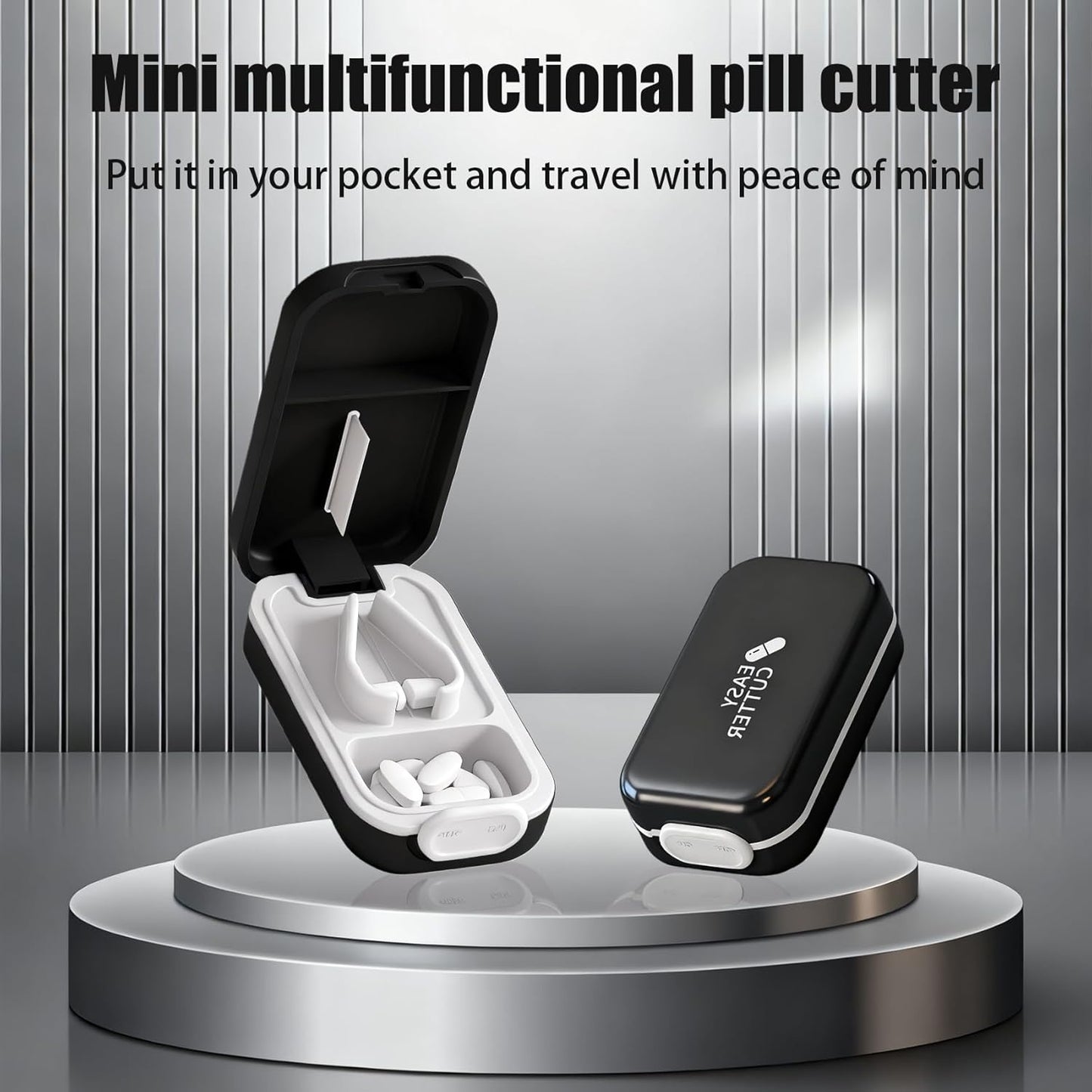 Pill Cutter Splitter for Small or Large Pills with Safety Lock - Accurate and Easy Travel-Friendly Design for Daily Use (Black)