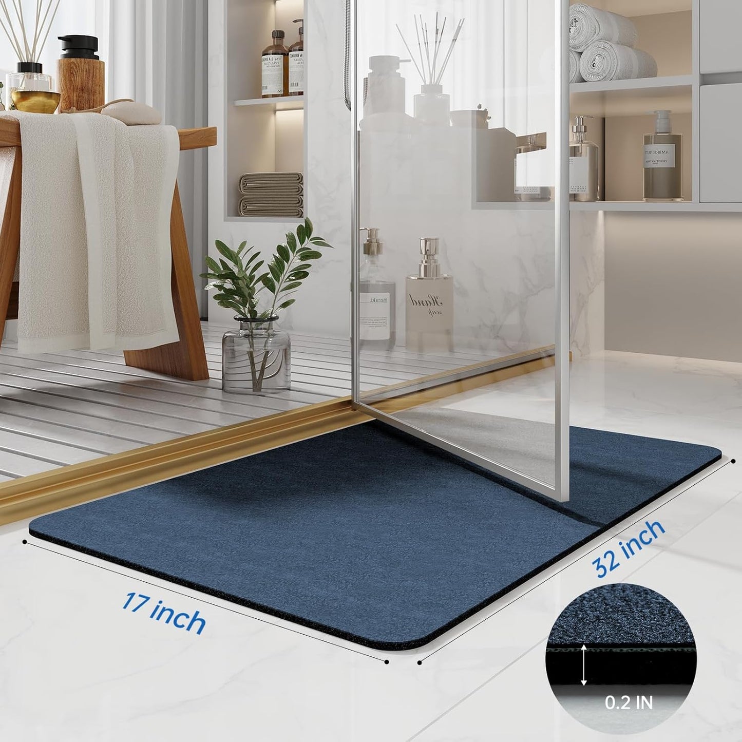 Bath Mat Rugs 32x17 - Diatomaceous Earth Bath Mat Quick Dry Absorbing Bathroom Rugs Rubber Non Slip Thin Bathroom Mat Fit Under Door, Bath Mat for Bathroom Floor, Tub and Shower, Sink, Navy Blue