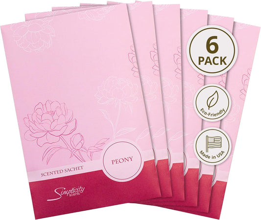 Peony Scented Sachets Pack of 6, Spring and Summer - Long-Lasting Scented Bags, Home Fragrance, Air Freshener & Deodorizer for Closet, Room, Drawer, or Cars, Made in USA