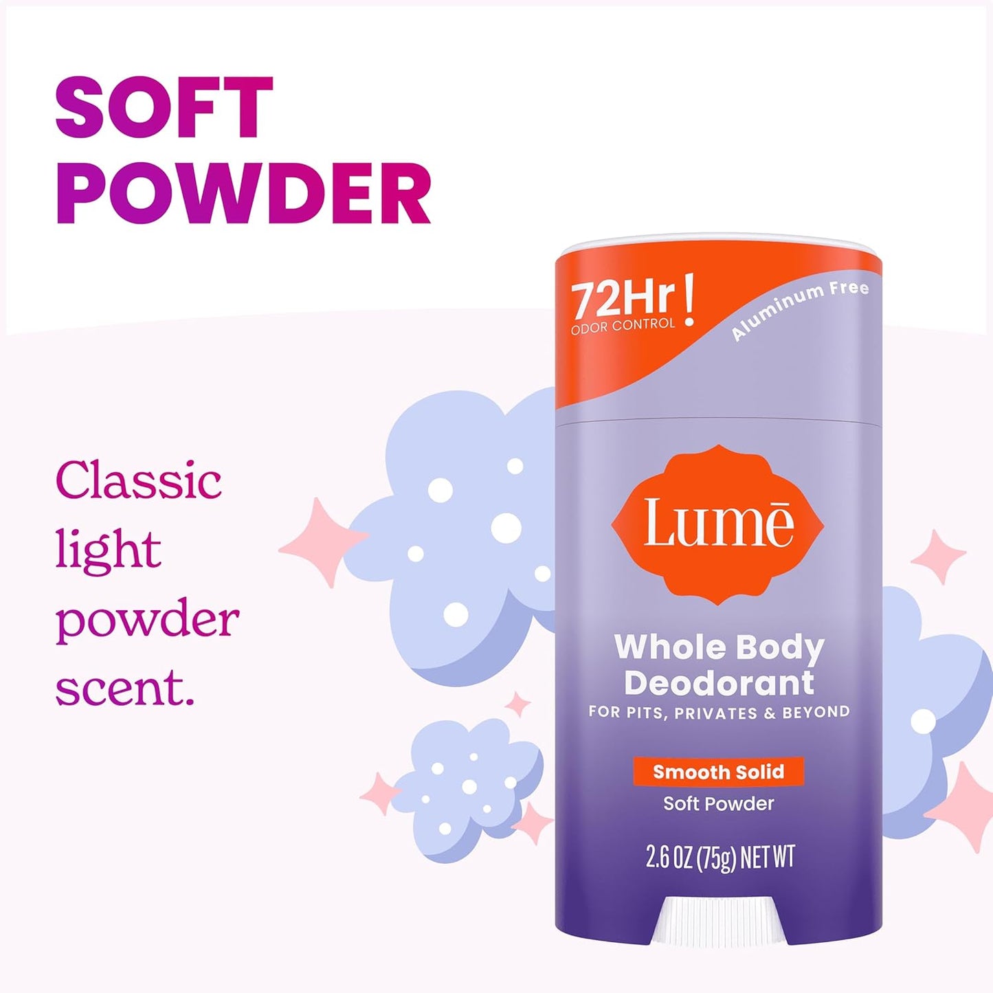 Lume Whole Body Deodorant - Smooth Solid Stick - 72 Hour Odor Control - Aluminum Free, Baking Soda Free and Skin Loving - 2.6 Ounce (Pack of 3) (Soft Powder)