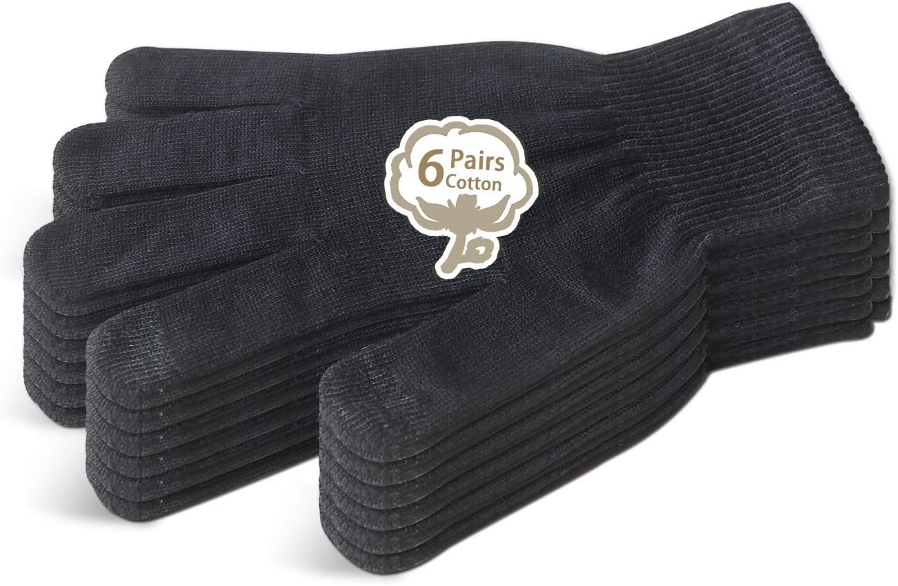Evridwear Men Moisturizing Cotton Gloves with Touchscreen Fingertips for Eczema Beauty Cosmetic Dry Hands Sensitive Irritated Skin Therapy Overnight Bedtime, 6 Pairs, Lightweight-Black, S/M