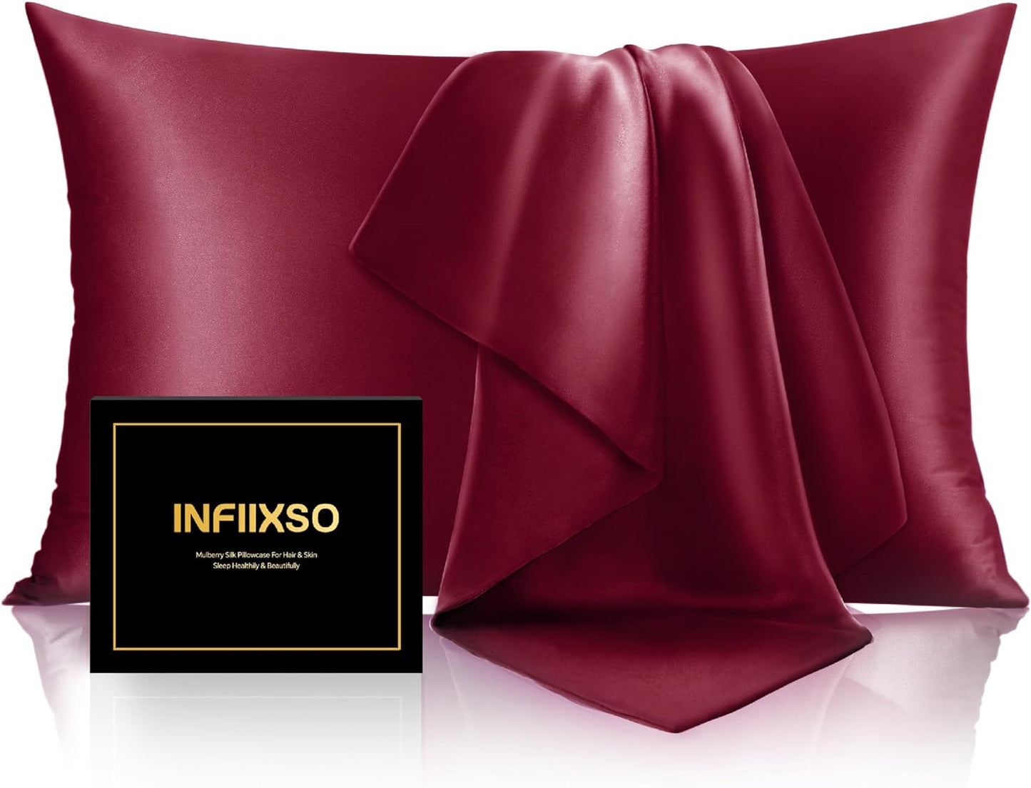 INFIIXSO Mulberry Silk Pillowcase for Hair and Skin, Silk Pillow Cases Queen Size with Hidden Zipper 20x30 Inches, Super Smooth and Soft Cooling Pillow Cases for Hot Sleepers(Burgundy, 1 Pack)