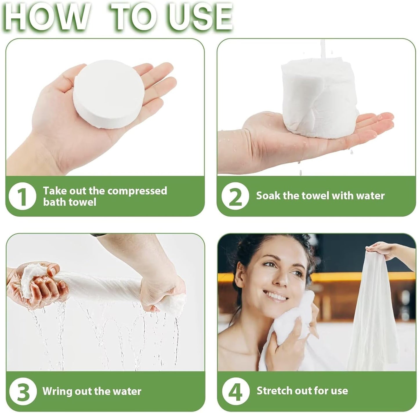 Compressed Bath Towel 5 Pcs 55" x 27.5" Travel Size Mini Disposable Coin Towel Washable & Reuseable Camping Wipe & Cleansing (Green)