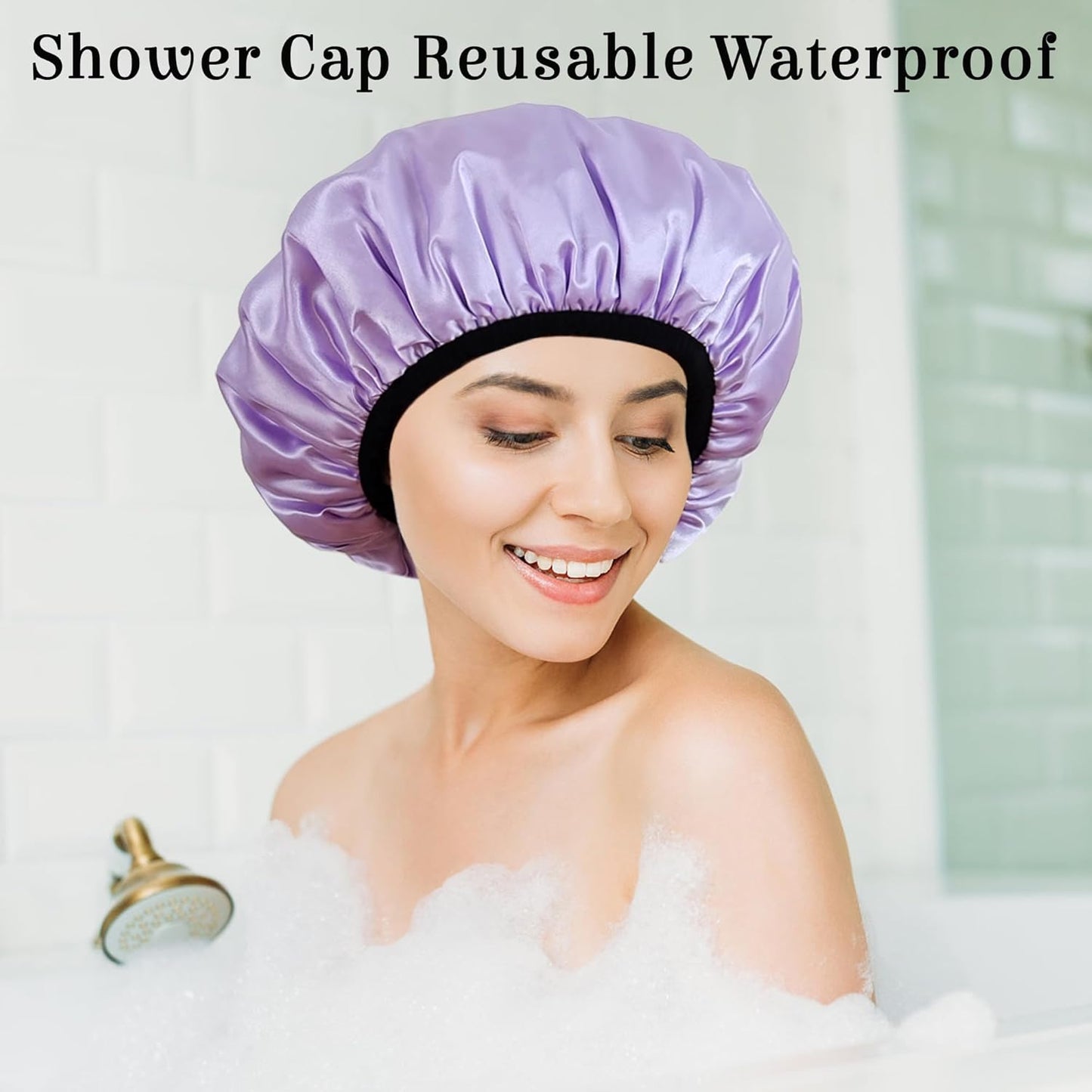 Shower Cap Reusable Waterproof, Terry Lined Shower Caps for Women, Triple Layer Hair Cap for Shower, Large Plastic Shower Cap for Braids Long Hair