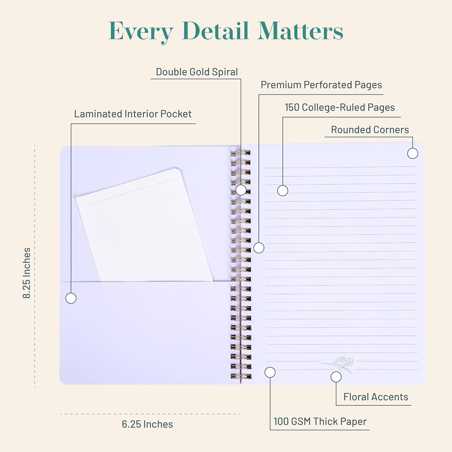 Happy Hoos® Aesthetic Spiral Notebook - 6.25" x 8.25" College Ruled Journal Notebook - Hard Cover Writing Journal for Work, School, Travel, More - Floral Notebook 8 Seasonal Designs (Spring Meadow)