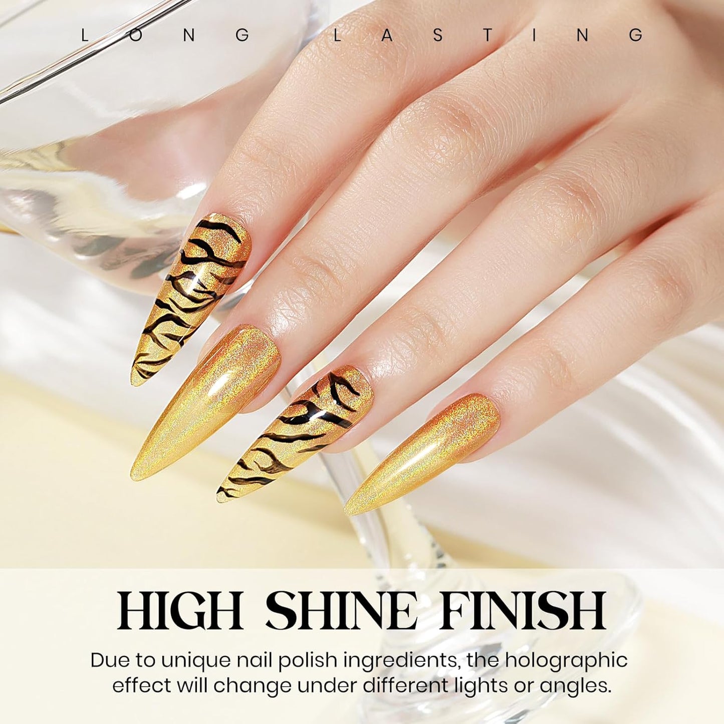 MIZHSE Holographic Nail Polish, Gold Glitter Nail Polish Air Dry Fast, 15 ml 0.5 fl oz High Glossy Shiny Nail Pigment Oil-based Laser Iridescent Chrome Halo Nail Art Salon Manicure Home