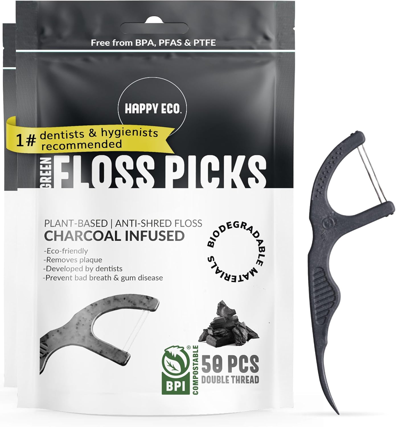Floss Picks Biodegradable (100pcs) - Plant Based Dental Floss Picks, Natural Flossers for Adults & Kids, Nontoxic Vegan Tooth Pick Flossers & Eco Floss Sticks - Double Thread Charcoal