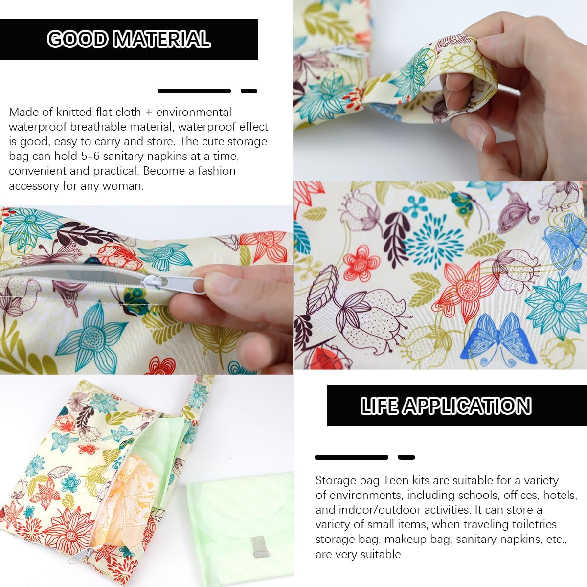 Sanitary Napkin Storage Bag Menstrual Pads Holder Bag Waterproof Period Bag Tampons Collect Bag Portable Mini Storage Pouch with Zipper for Women Girls (Flowers)