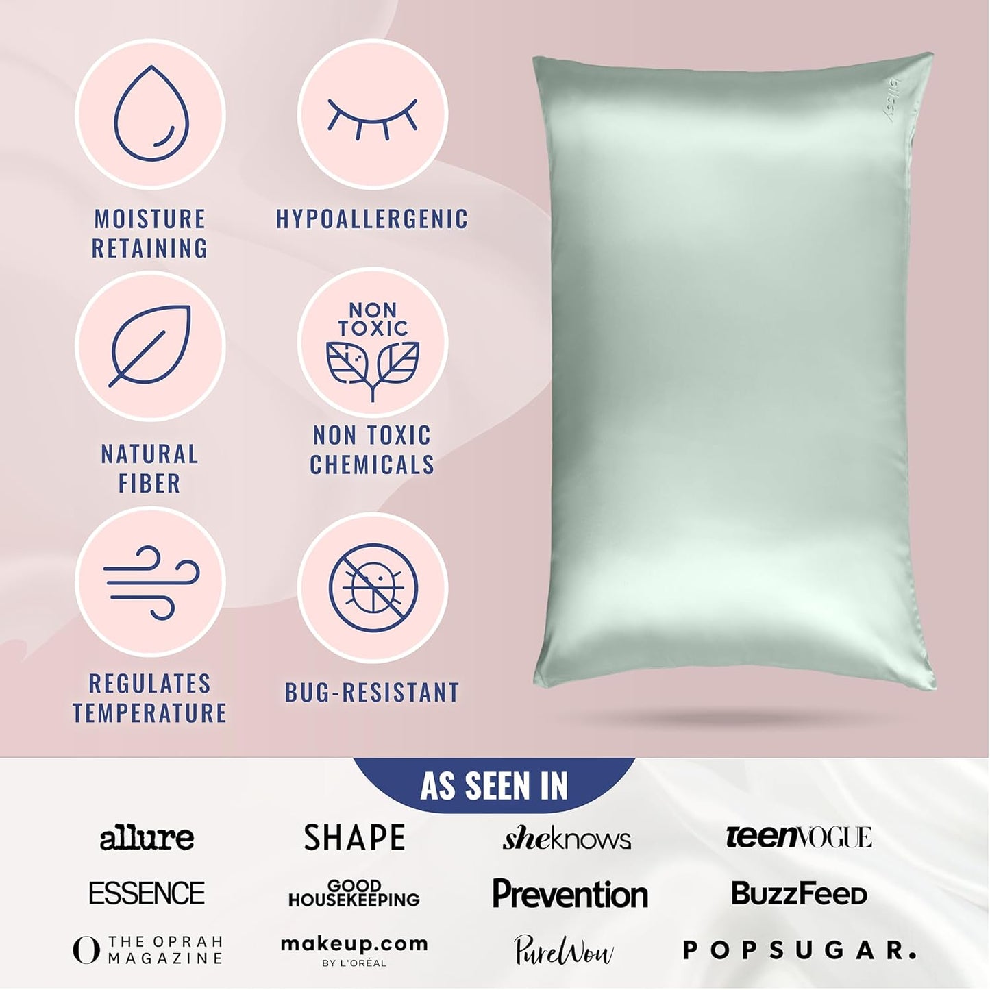 Blissy Silk Pillowcase - 100% Pure Mulberry Silk - 22 Momme 6A High-Grade Fibers - Silk Pillow Cover for Hair & Skin - Regular, Queen & King (Matcha, Queen)