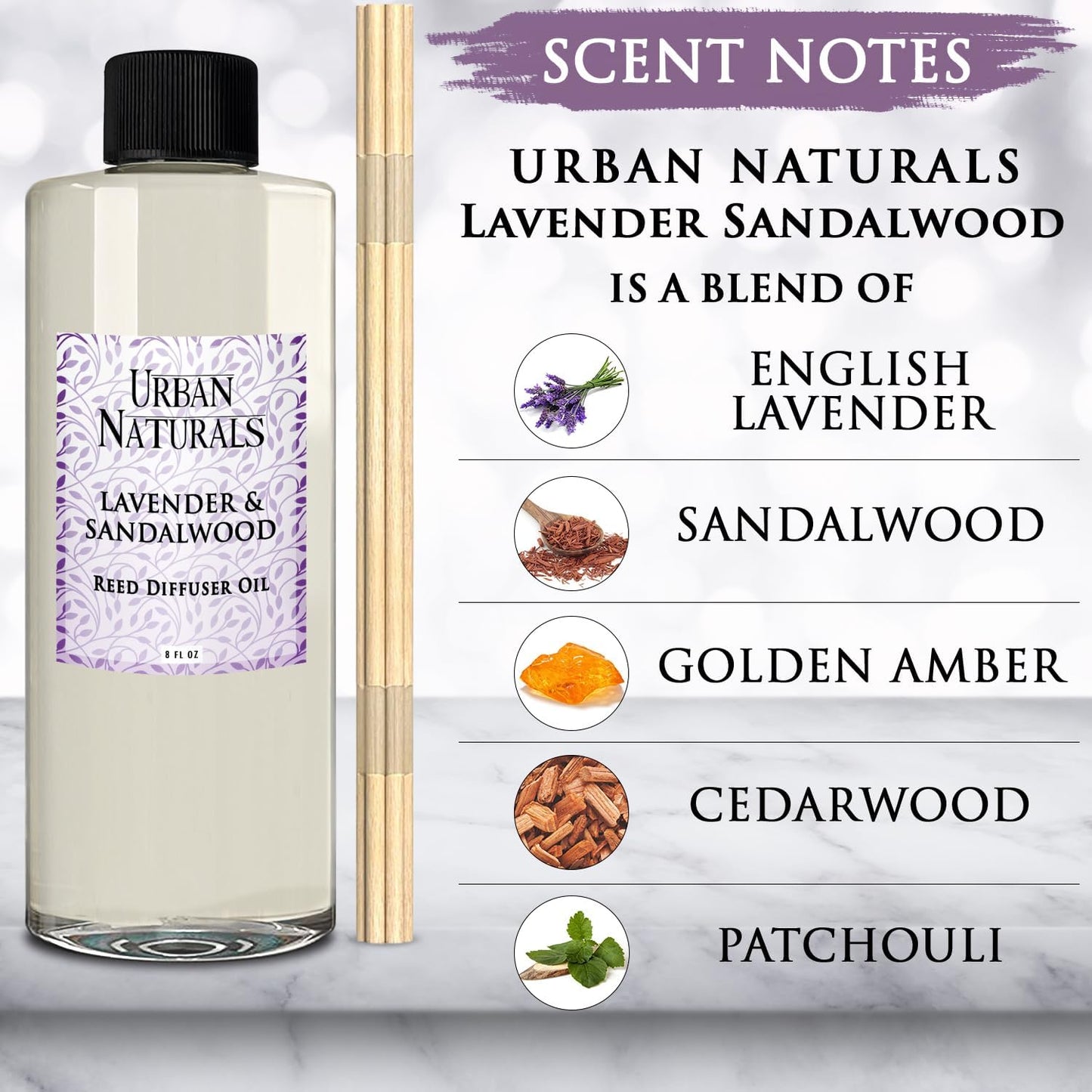 Urban Naturals Reed Diffuser Oil Refill Lavender Sandalwood with Golden Amber, Exotic Woods, Patchouli 8 oz + Free Reed Sticks, Made in The USA