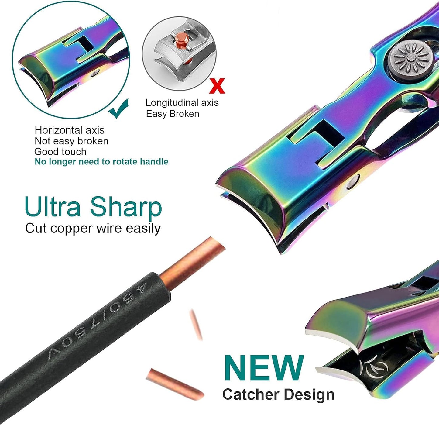 Nail Clippers for Thick Toenails and Fingernail, Large Wide Jaw Opening Heavy Duty No Splash Toenail Clippers with Catcher for Men Women Adults Seniors (Rainbow)