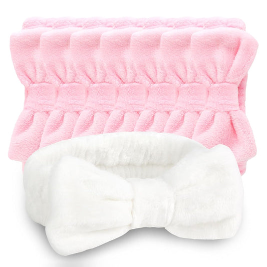 CIEHER 8 Pcs Spa Headbands - 1 White + 7 Pink, Microfiber Hairbands for Bachelorette Party Favors, Bridal Shower Decorations, Skincare Makeup Headbands for Girls, Women's Accessory