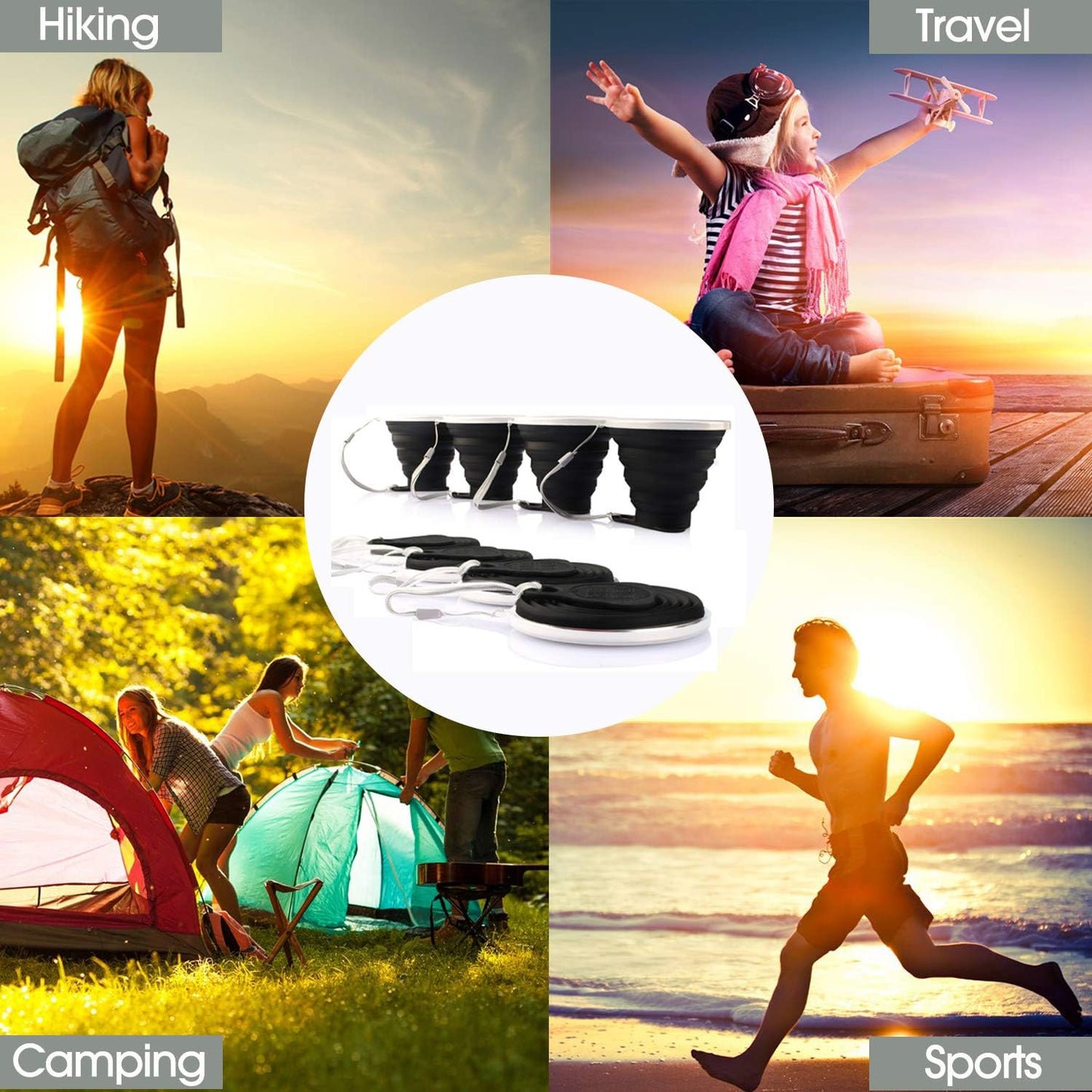 ME.FAN Silicone Collapsible Travel Cup - Silicone Folding Camping Cup with Lids - Expandable Drinking Cup Set - Portable, Graduated [9.22oz]