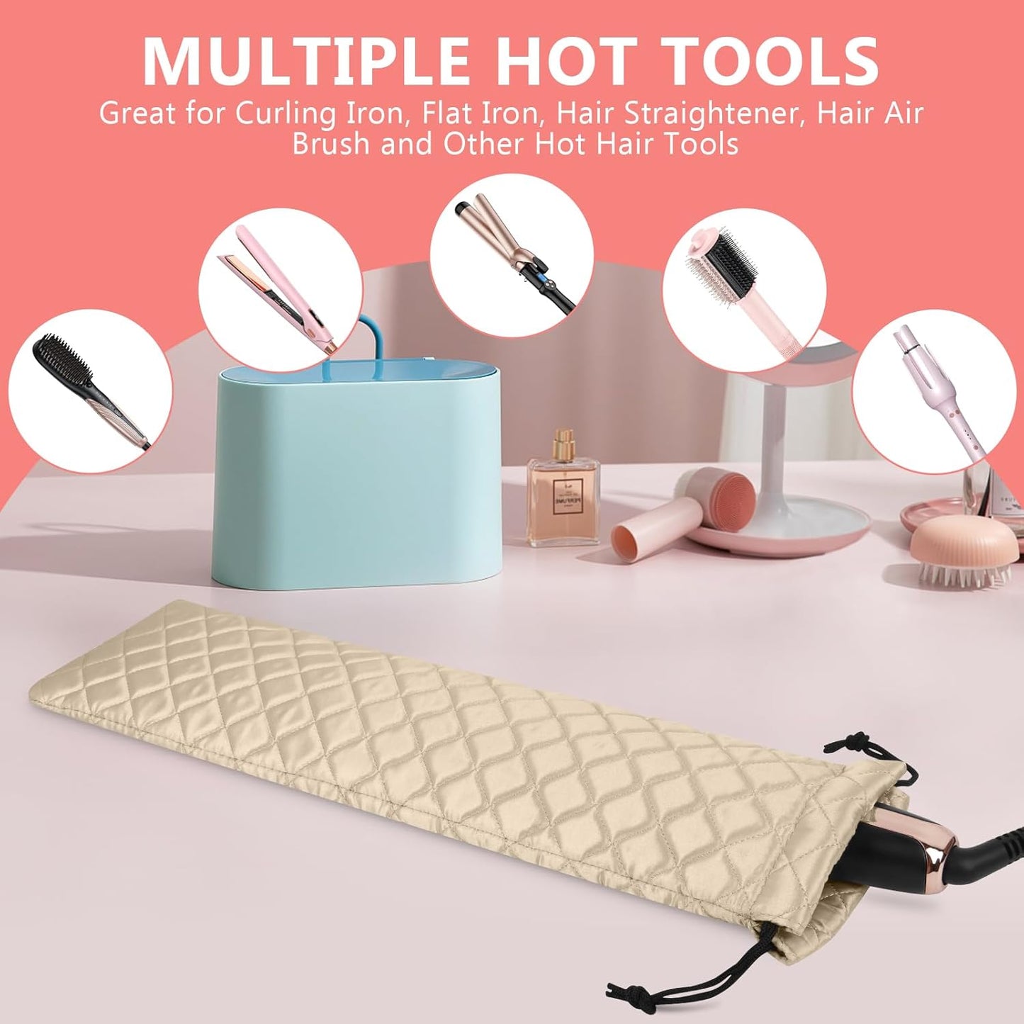 AMIJEAL Heat Resistant Hair Tools Organizer Bag Portable Travel Drawstring Storage Cover Pouch for Hair Straightening Irons, Curling Irons, Flat Irons and Hot Styling Tools(16" x 4.3")