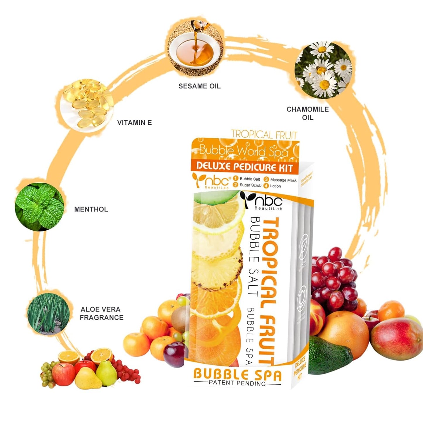 Pedicure Kit Foot Soak Set: Bubble Salt, Sugar Scrub, Massage Mask, Massage Lotion in a Box, 4 Step Foot Spa Kit for Dry Feet,Tired Feet（3 Set Tropical Fruit)