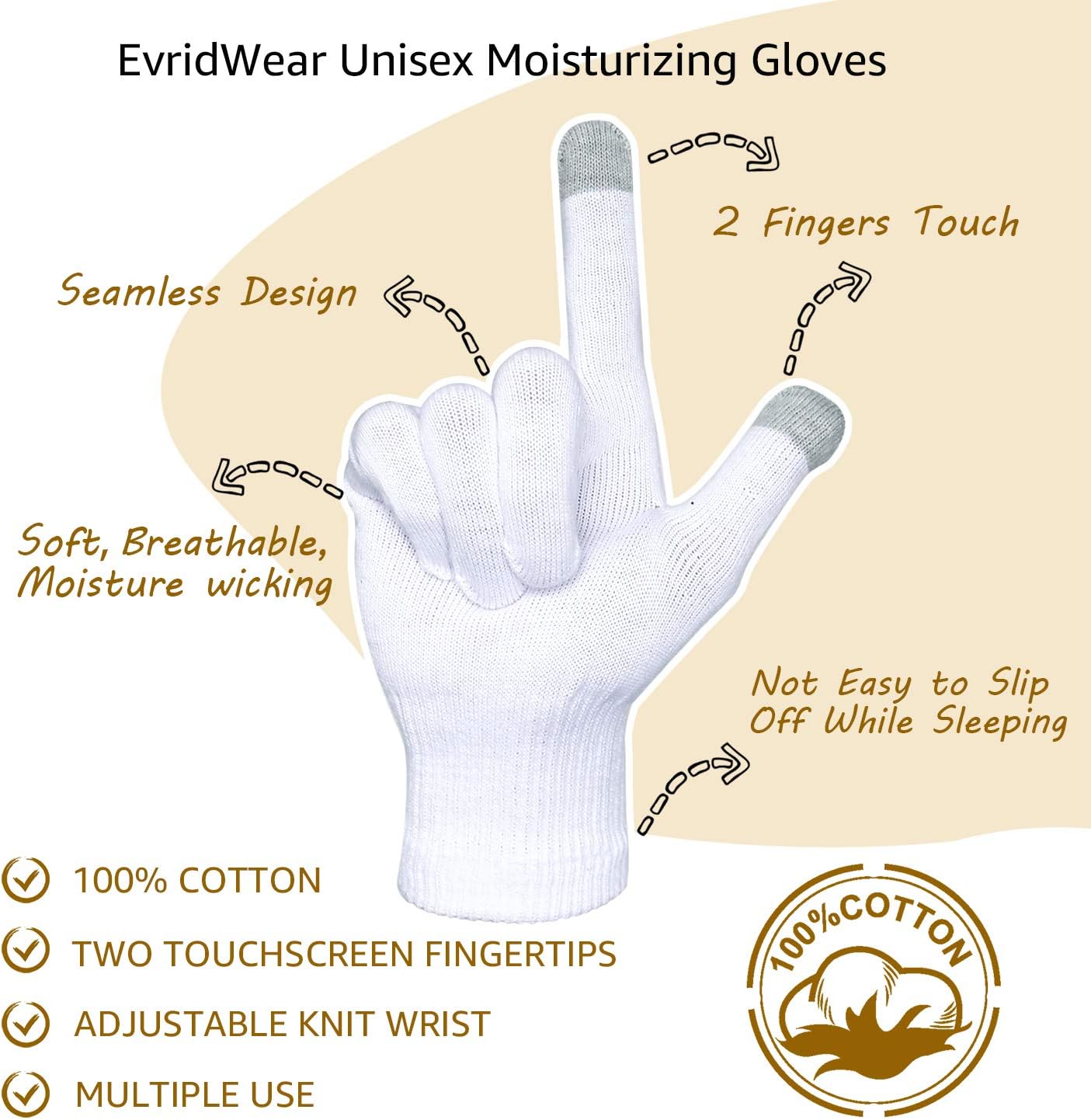 Evridwear Unisex Moisturizing Cotton Gloves with Touchscreen Fingertips for Eczema Beauty Cosmetic Dry Hands Sensitive Irritated Skin Therapy Overnight Bedtime, 6 Pairs, Lightweight-White, L/XL