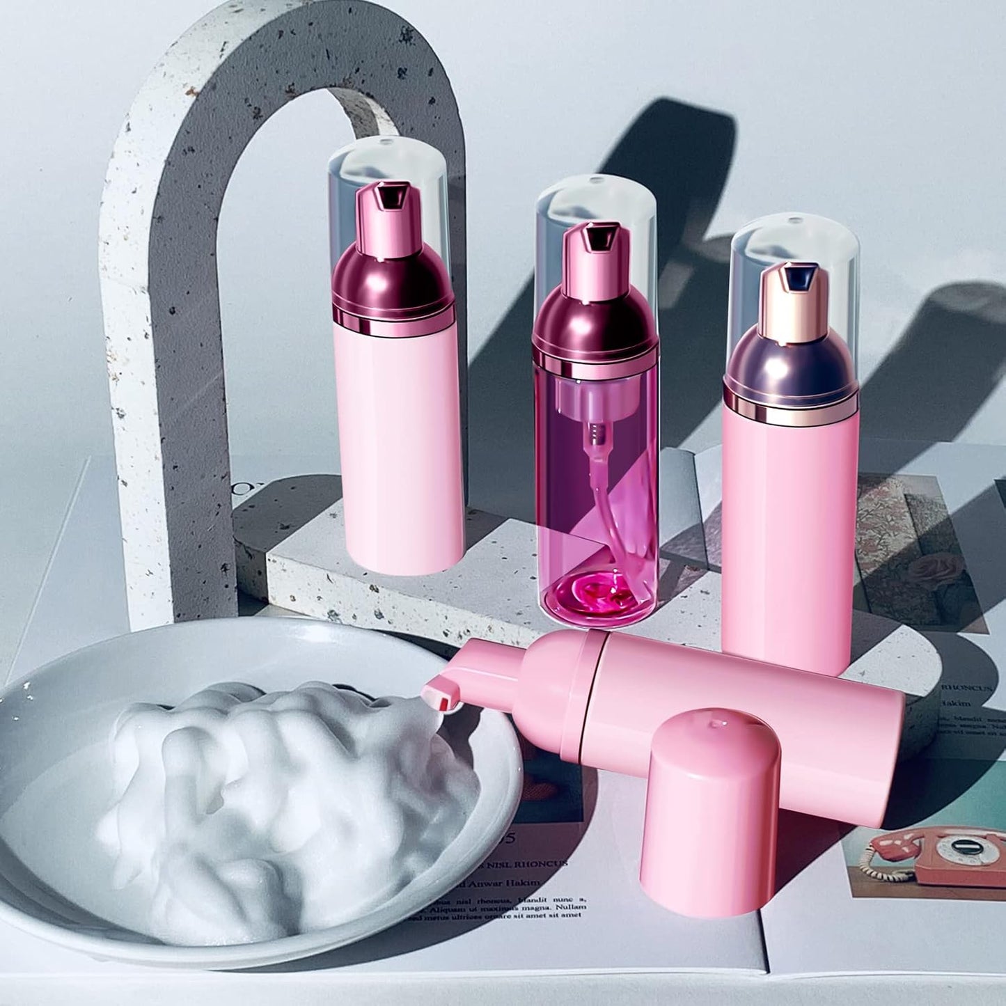 Lil Ray 2 Oz Empty Light Pink Foam Pump Bottle, Travel Foamer Soap Dispenser for Lash Shampoo, Hand Soap, Foaming Cleaner(Rose Red Pump, 12 PCS)