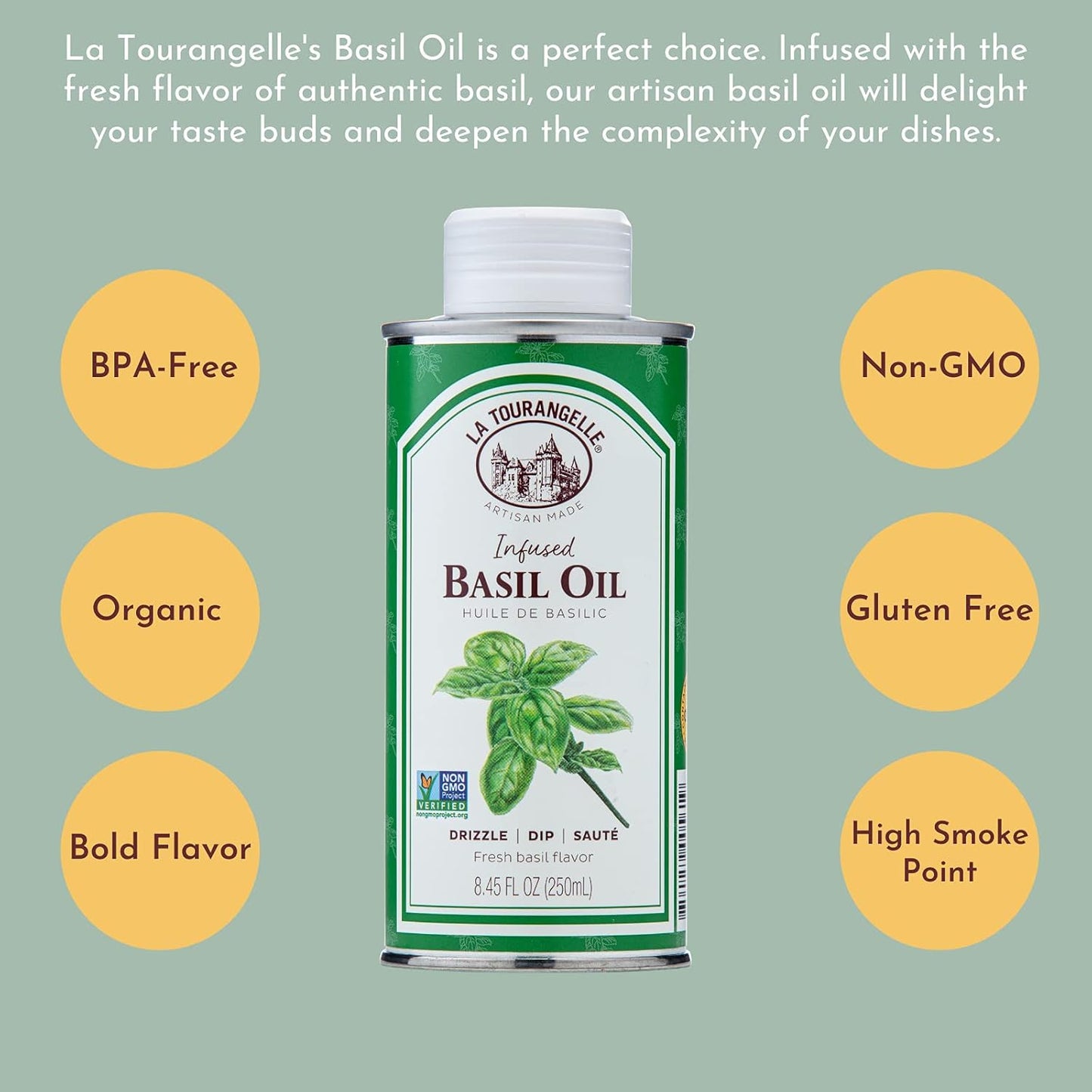 La Tourangelle, Basil Oil, Expeller-Pressed High-Oleic Oil, Great for Salads, Finishing Oil, Spread, Sauce, Dips, 8.45 fl oz