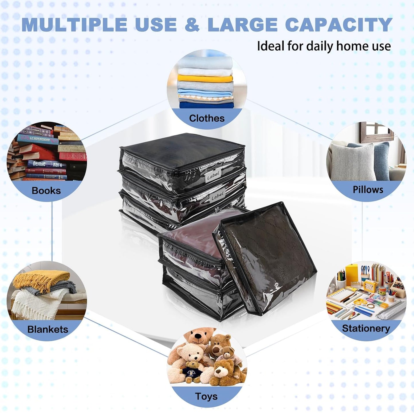 Clear Zippered Storage Bags Plastic Sweater Storage Bags with Zipper 6 Packs Clothing Organizer for Blankets Linen Sweater Bed Sheet Quilt Clothes Pillow (12 x 12 x 4 Inch, Black)