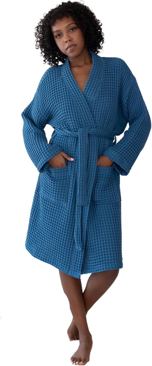 Womens Kimono Waffle Robe - Lightweight 100% Turkish Cotton Housecoat for All-Day Lounging - Bathrobe for Shower