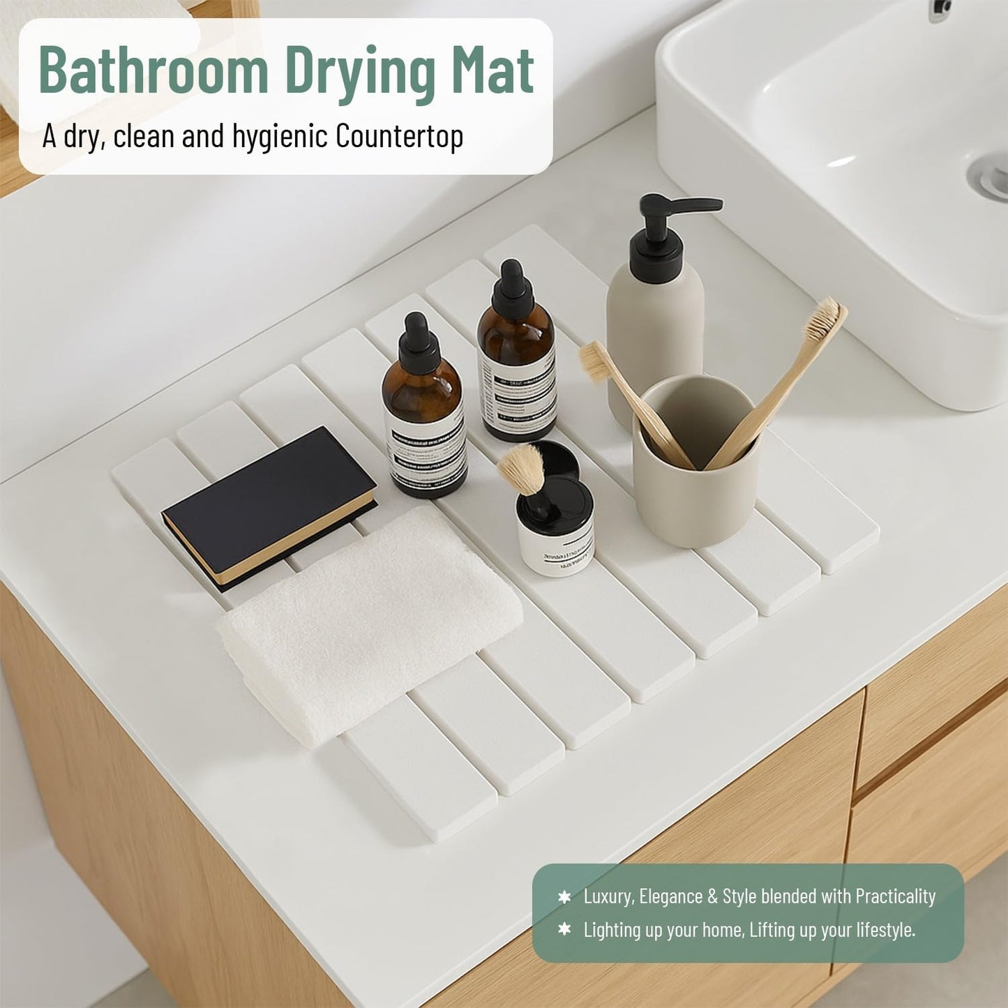 Stone Drying Mat for Kitchen Counter 16"x12" – Quick Dry Diatomaceous Earth Mat for Sink, Dishes, Cups & Soap – Foldable, Food-Grade Absorbent Countertop Mat for Kitchen, Bathroom & Dish Rack