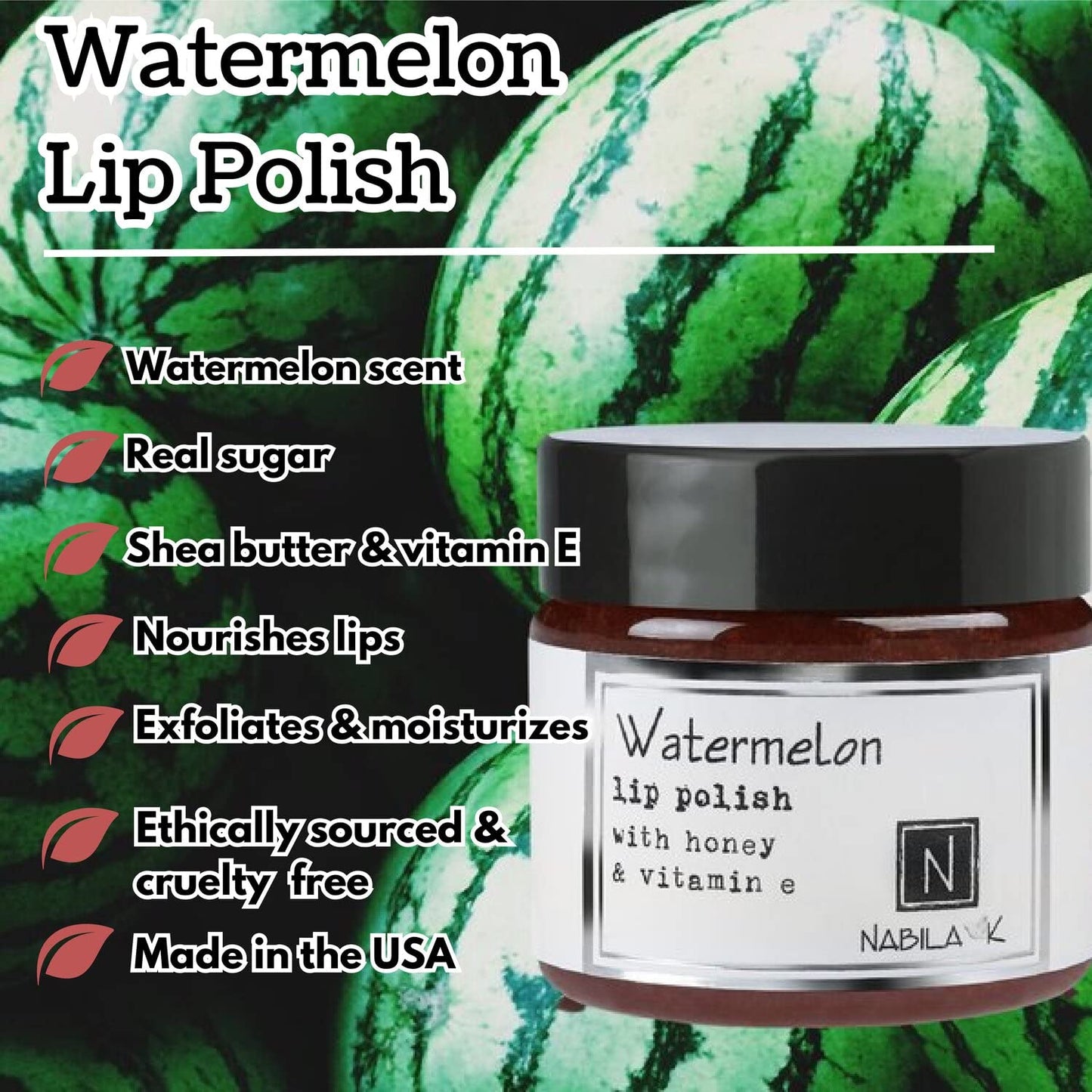 Nabila K Lip Polish with Honey and Vitamin E, Lip Scrub for the Holidays, Watermelon Sugar Scrub, 1 oz