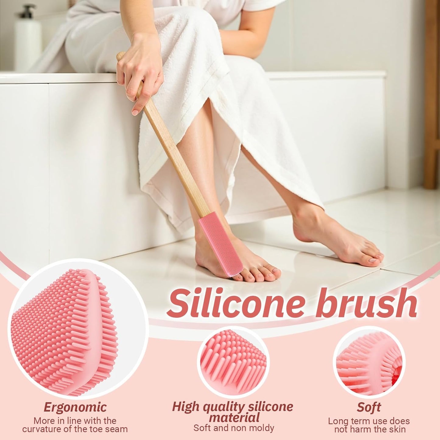 Long Handle Toe Gap Cleaning Brush+Body Shower Brush+Foot Grinder, Silicone Foot Scrubber for Shower, Feet Cleaner Scrub Foot Care for Seniors,Elderly, Men and Women,Pink