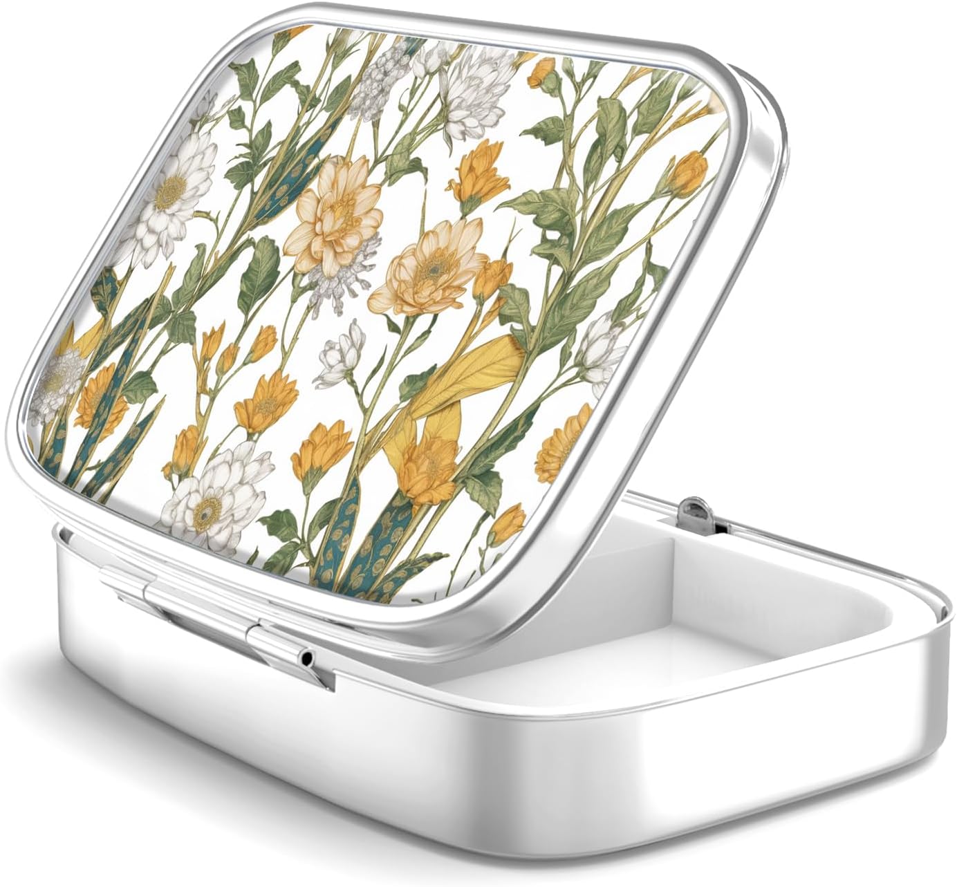 2 Compartment Pill Box, Portable Pill Box for Pocket or Handbag, Decorative Metal Pill Box, Vitamin Organizer, Unique Gift (1 Piece, 39-Flowers Pinck)