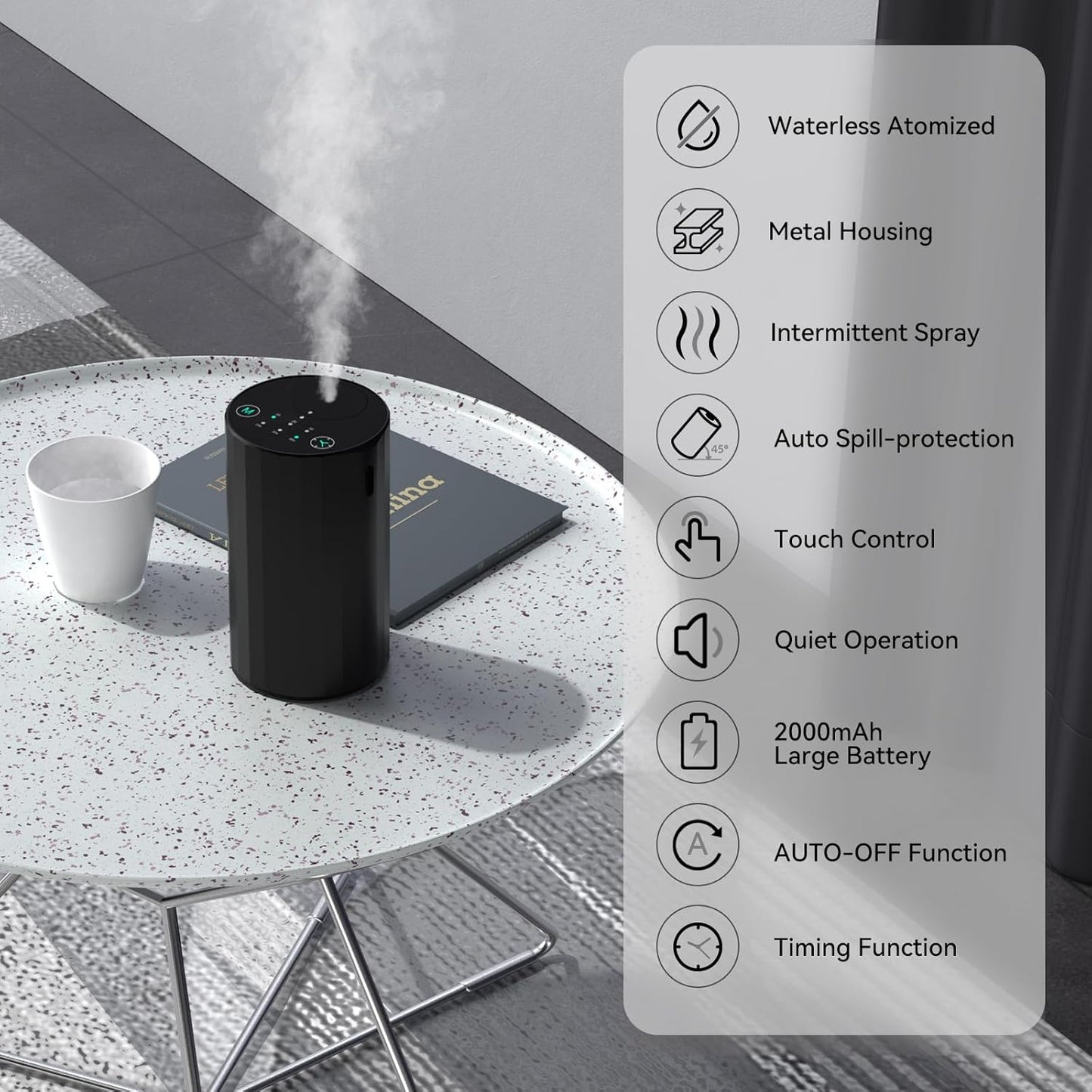 Waterless Essential Oil Diffuser Aromatherapy Scent Diffusers for Home Large Room, Bedroom, Car, Office, Desk, Battery Operated Mini Portable Air Freshener (Black)