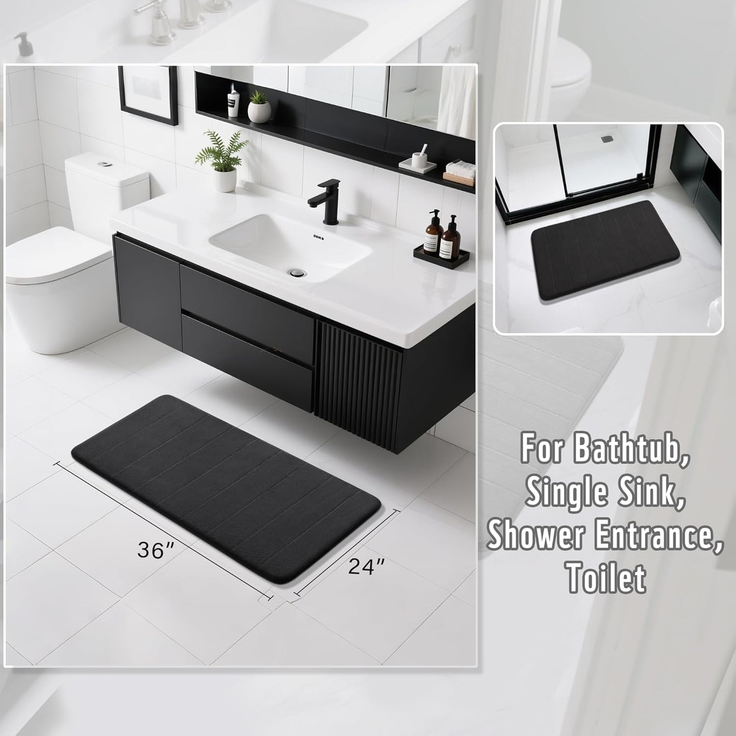 Yimobra Large Bath Mat 36"x24", Super Soft Quick Dry Memory Foam Bathroom Rug, Water Absorbent, Non Slip Backing Machine Washable for Tub Shower, Thick Comfort Support, Black