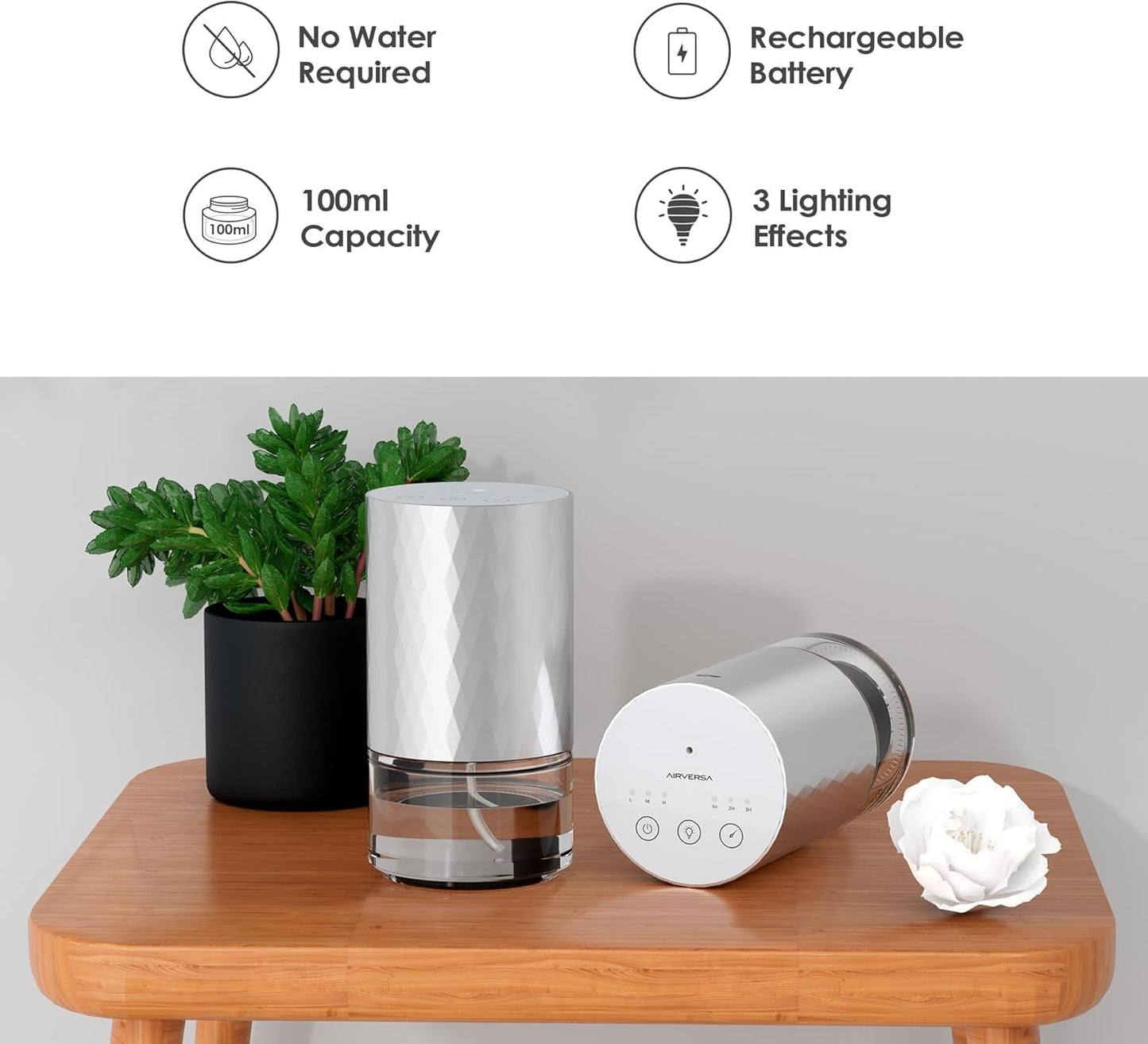 Airversa Waterless Diffuser Essential Oil 100ml Capacity Scent Air Machine for Home Aromatherapy Premium Metal Nebulizer Battery Operated 3 Mist Settings Timers Color Light AN5(Silver)
