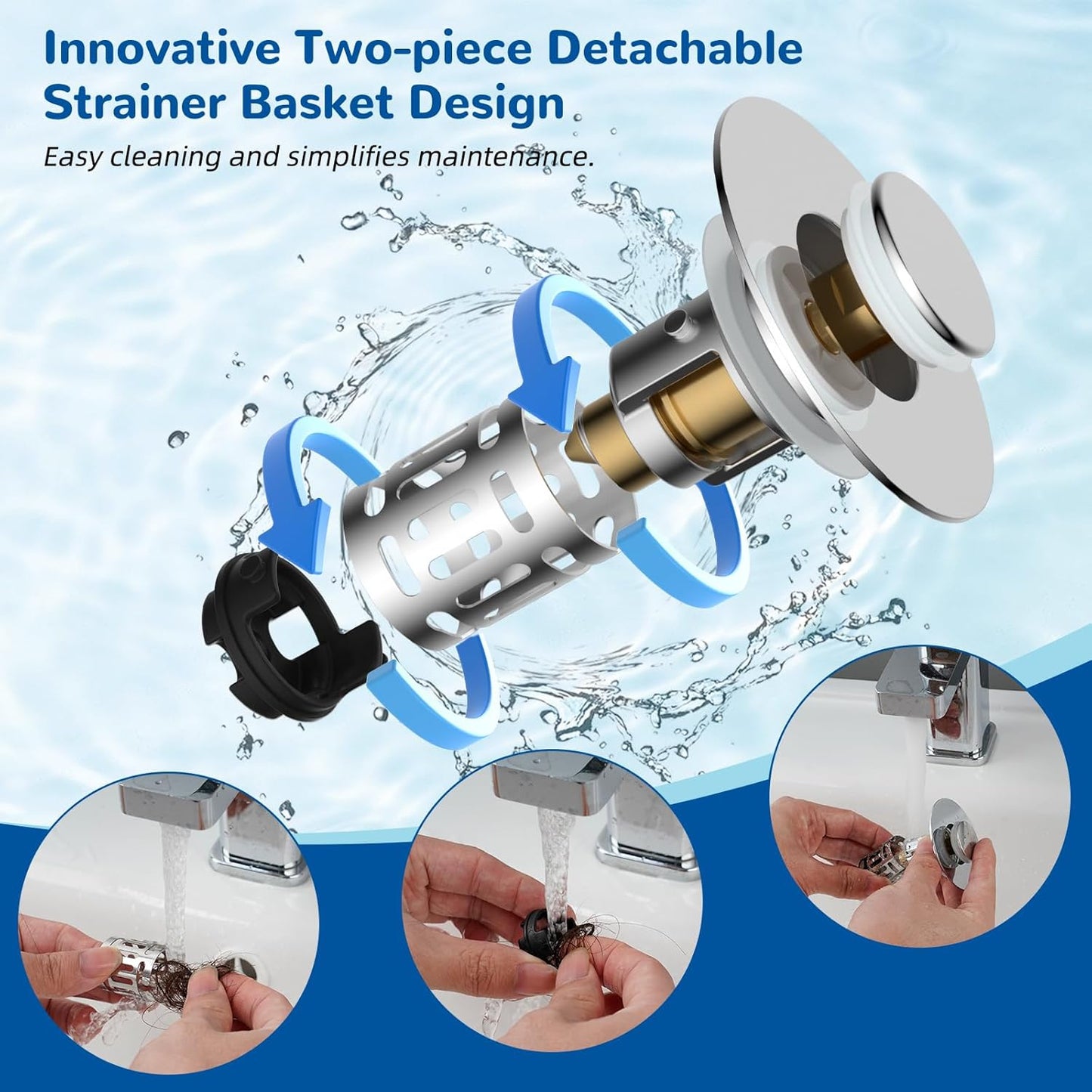 Hibbent 2 Pack 3 in 1 Bathroom Sink Drain Strainer, Universal Pop Up Stopper with Removable Stainless Steel Filter Basket Hair Catcher, Sink Plug for 1.1''~2.36'' Basin, Brass Bullet Core, Chrome