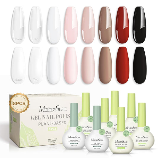 MelodySusie Plant Based Gel Nail Polish Set,Top Toat and Base Coat,Classic Basic Colors Hema Free,Soak Off UV LED Gel Polish Nail Art Manicure Salon DIY at Home 8Pcs