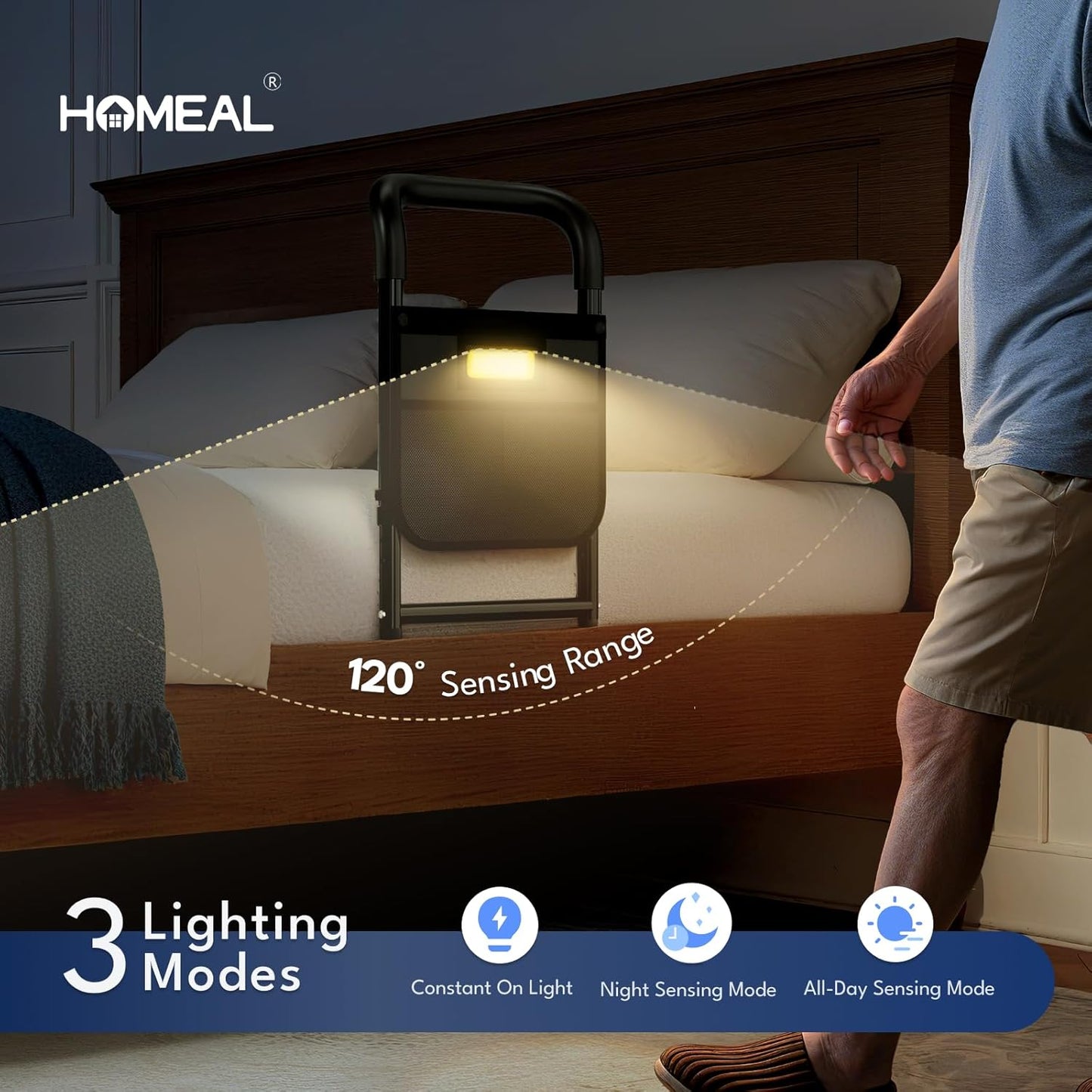 Bed Rails for Elderly Adults Safety, 350lbs Heavy Duty Bedside Assist Rail with Motion Light, Bed Safety Cane with Storage Pocket & Fixing Strap, Fit King/Queen/Full/Twin & Adjustable Bed (Black)