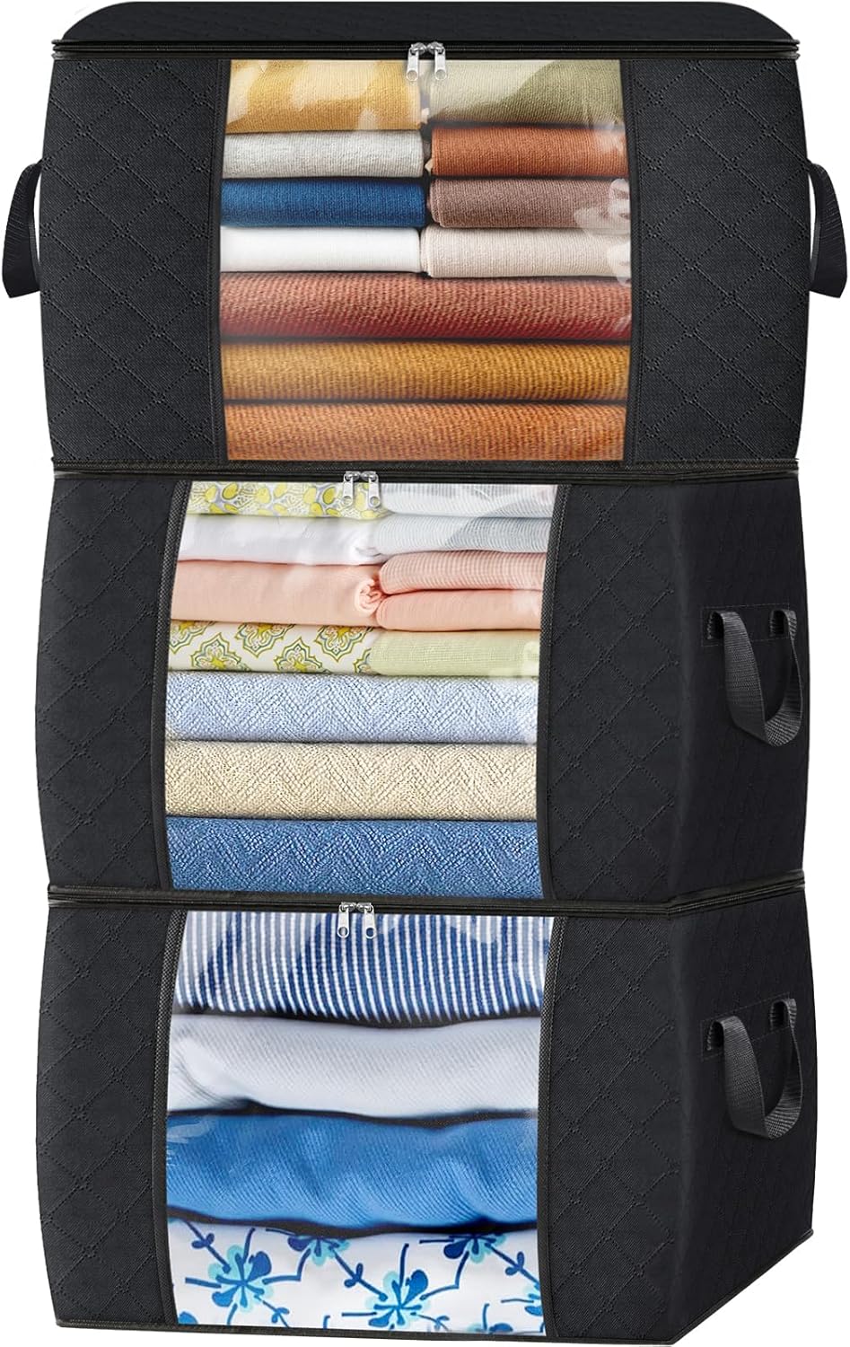 Fab totes 24 Gallons Clothes Storage, Foldable Thick Fabric Blanket Storage Bags, Containers for Organizing Bedroom, Closet, Clothing, Comforter, Organization with Handle (3 Pack,Black)