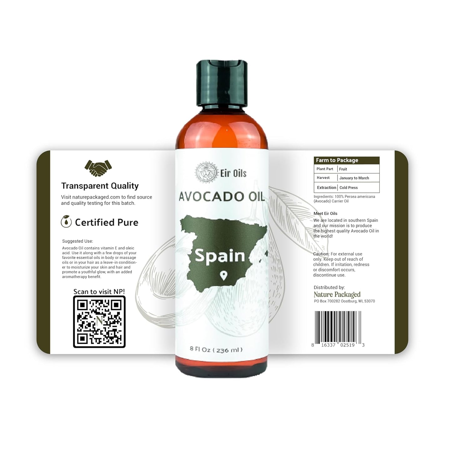 Avocado Oil - Direct from EIR Oils Farm in Spain - 100% Pure Carrier Oil for Hair, Face, and Skin - Hand-Picked, Cold-Pressed Carrier Oil - (8oz)