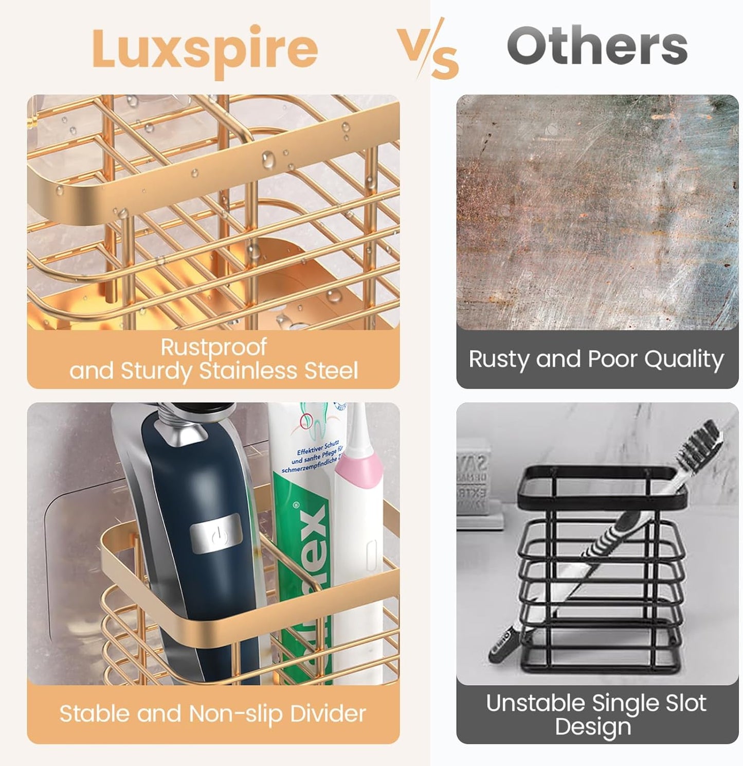 Luxspire Toothbrush Holders for Bathroom, Stainless Steel Electric Toothbrush Holder Wall Mounted, Shower Toothbrush Toothpaste Holder, Bathroom Organizer Essentials, 2 Slots, Rose Gold