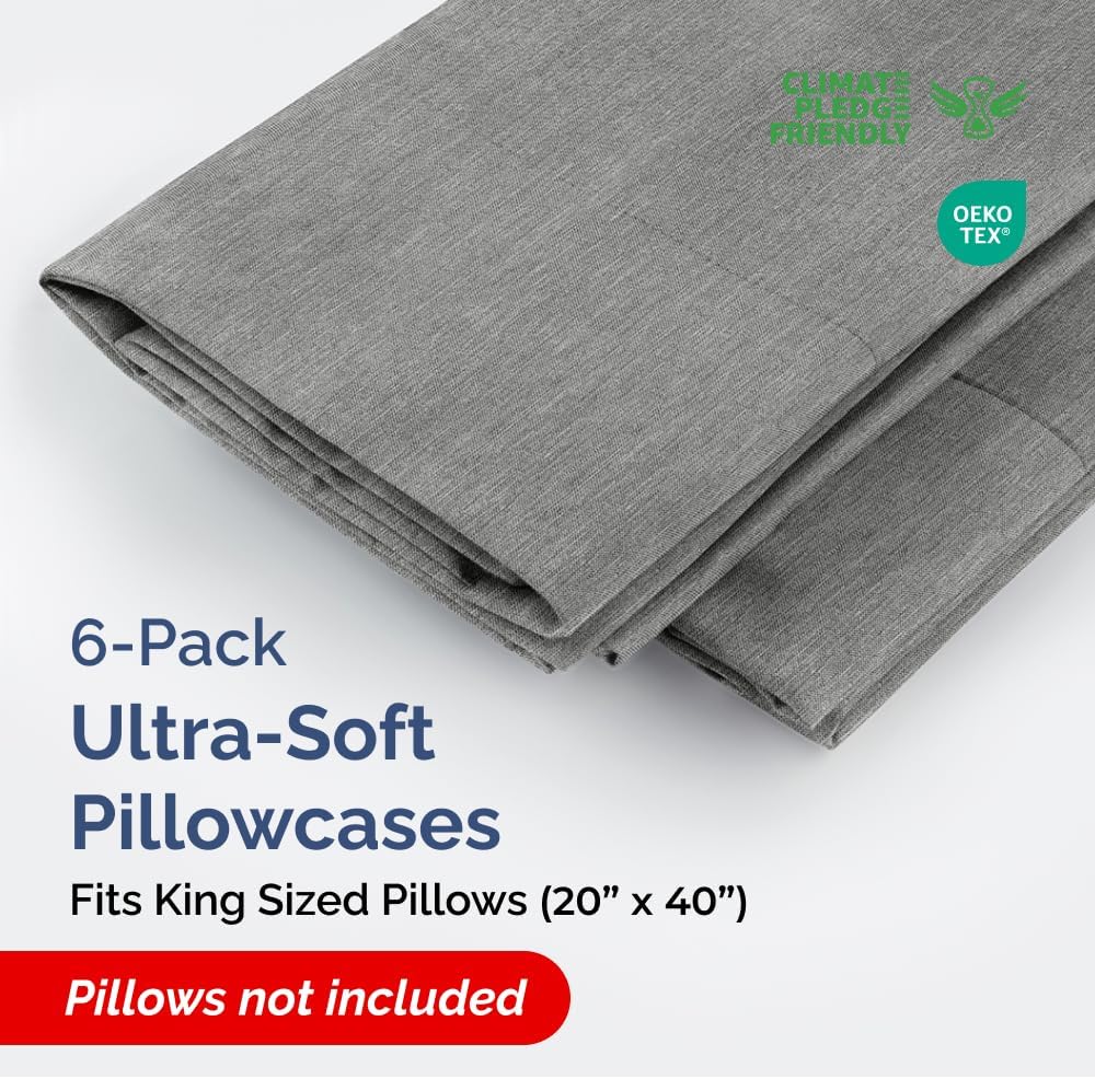 King Pillow Cases Set of 6 - Ultra Soft Hotel Quality Pillowcase Covers - Comfy & Wrinkle Free - Shrink, Stain and Fade Resistant - Machine Washable Pillow Protectors - 6 Piece Set - Heathered Grey
