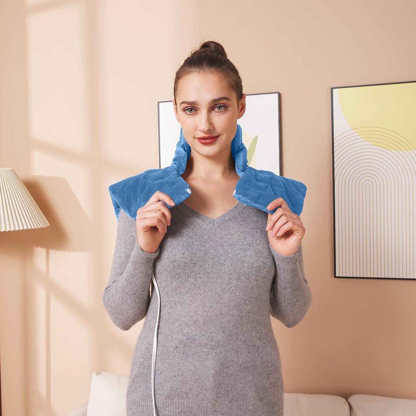 Ambershine 19''x24'' Weighted Neck & Shoulder Heating Pad, 2.5lbs with 12 Temperature Settings& 4 Auto-Off Timers, Pain Relief for Neck/Shoulder/Back, Christmas Gifts for Women Men Mom Dad(Light Blue)