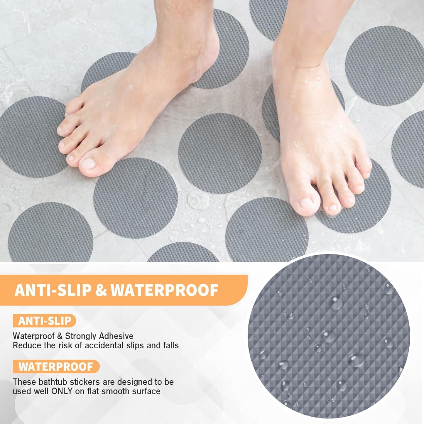 Non Slip Bathtub Stickers, 24 PCS Shower Stickers for Safety Bathroom Tubs, Bathtub Non Slip Stickers and Adhesive Decals Scraper for Bath Tub, Shower Floor, Stairs, Ladders(Round Shape, Grey)