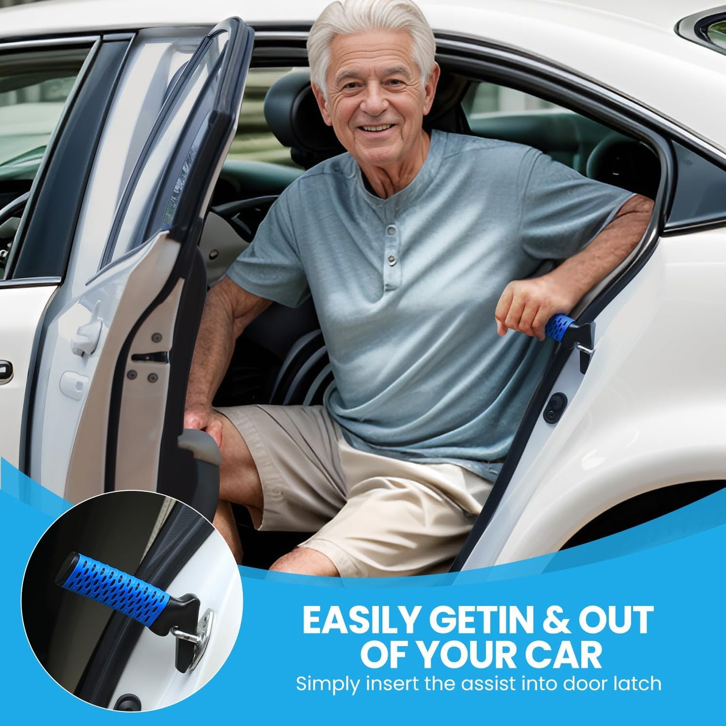 Elderly Car Door Handle Assist Support - Auto Grab Cane for Seniors & Handicapped, Portable Mobility Aids for Getting Out of Car- Blue, 2 Pack
