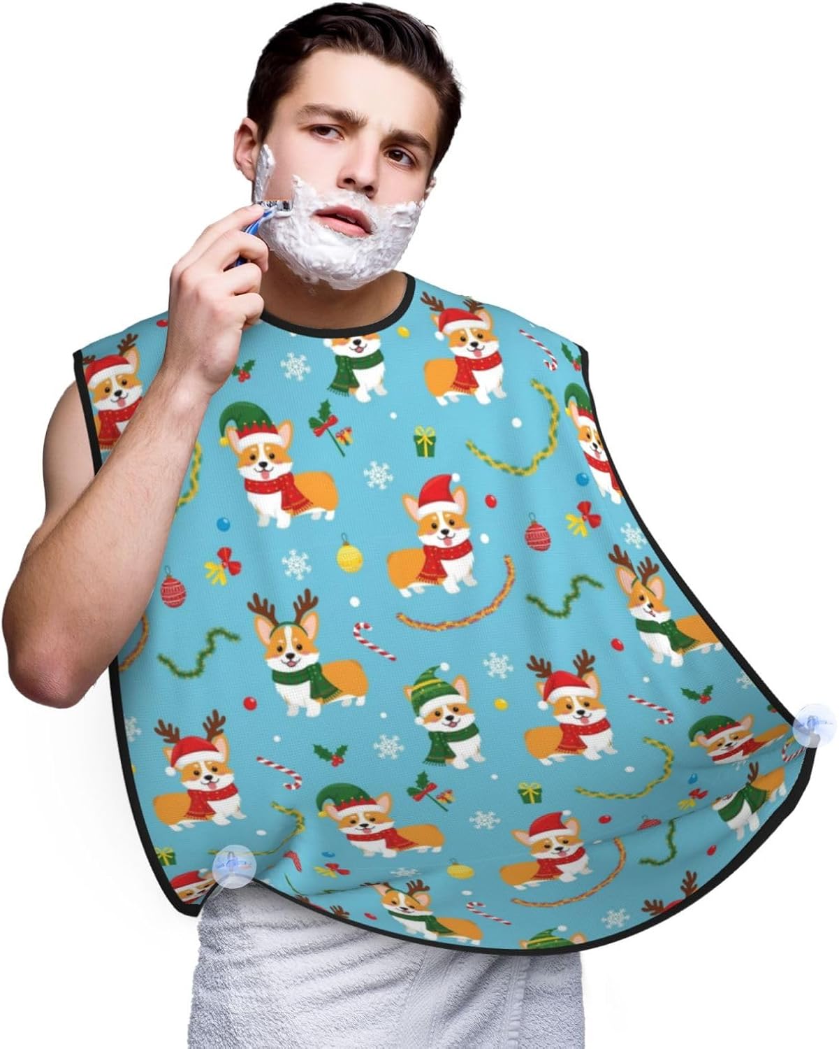 Beard Bib with 3 Suction Cups, Non-Stick Waterproof Hair Catcher Apron, Men's Shaving Essential for Grooming, Christmas Corgi Dog Blue Shave Bib