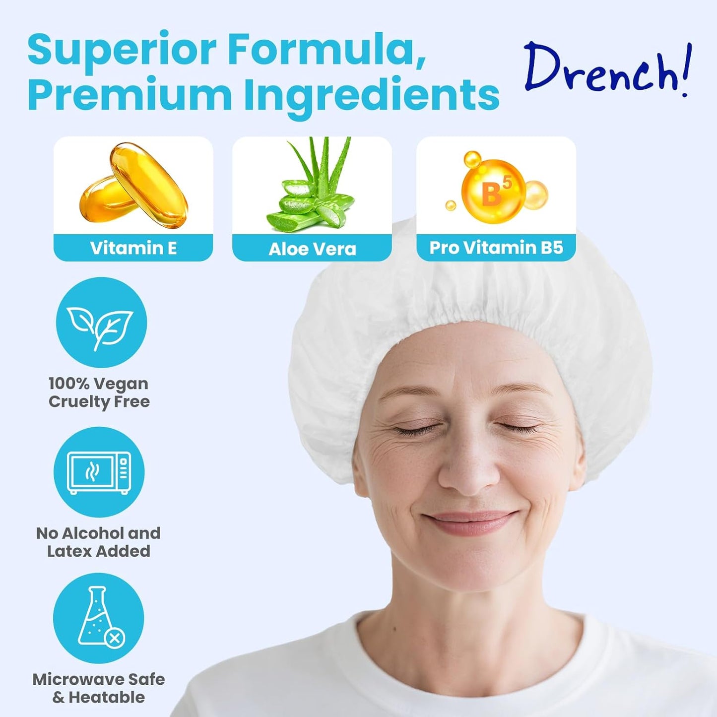 Drench Shampoo Caps No Rinse - Waterless Shampoo Cap and Conditioner - Dry Hair Wash Caps for Elderly or Bedridden - Contains Aloe Vera, Vitamin E and Provitamin B5-6 Counts