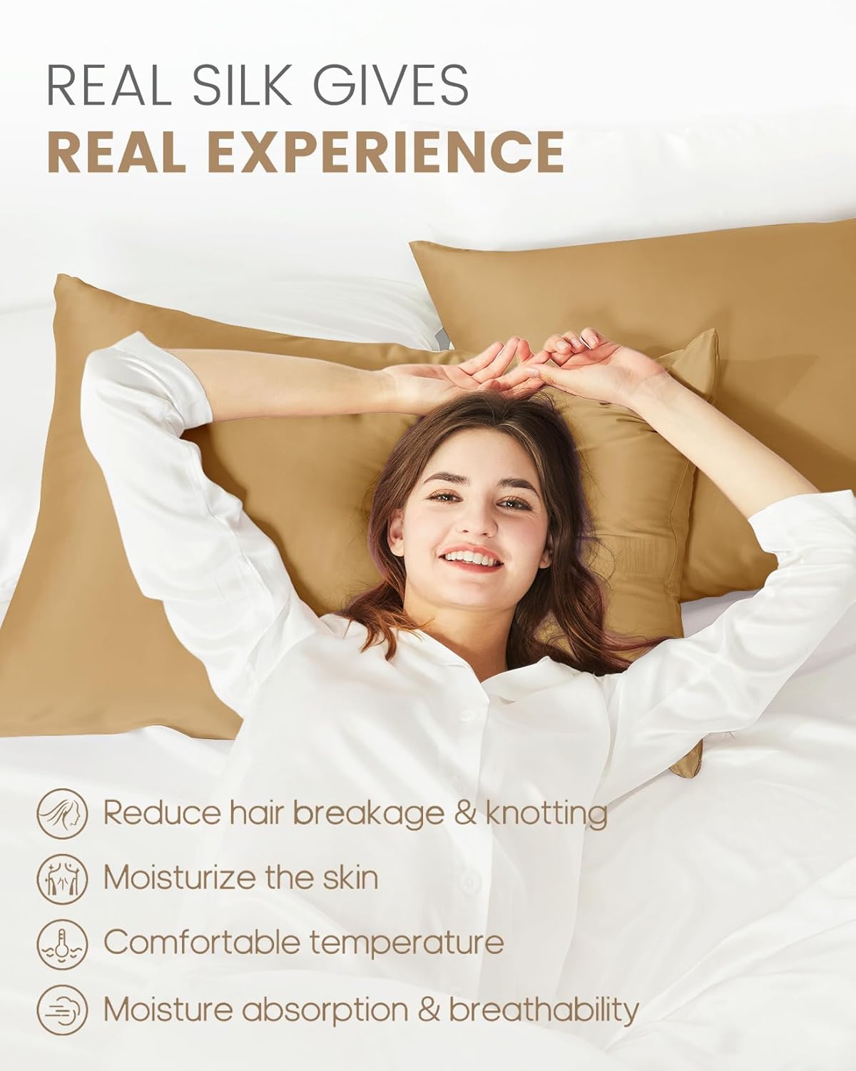 THXSILK Set of 2 100% Mulberry Silk Pillowcase for Hair and Skin Health, Natural Mulberry Silk Soft and Smooth Pillowcases with Hidden Zipper, Grade 6A+ Silk (Standard 20"x26", Metallic Gold)